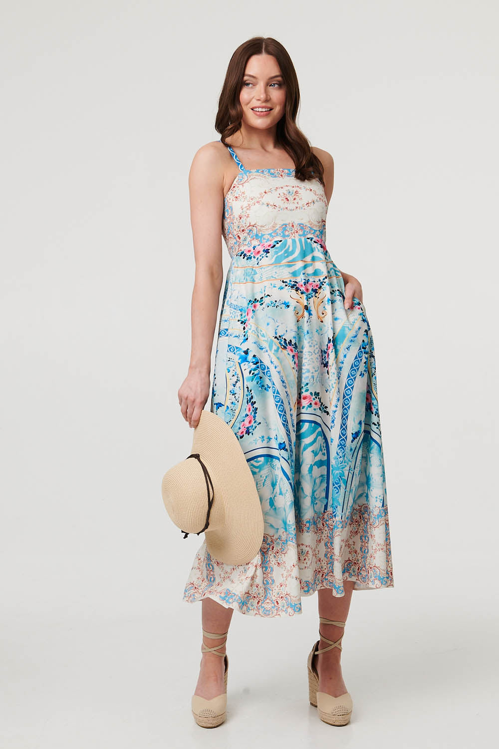 Border Print Wide Strap Midi Sun Dress Detail View