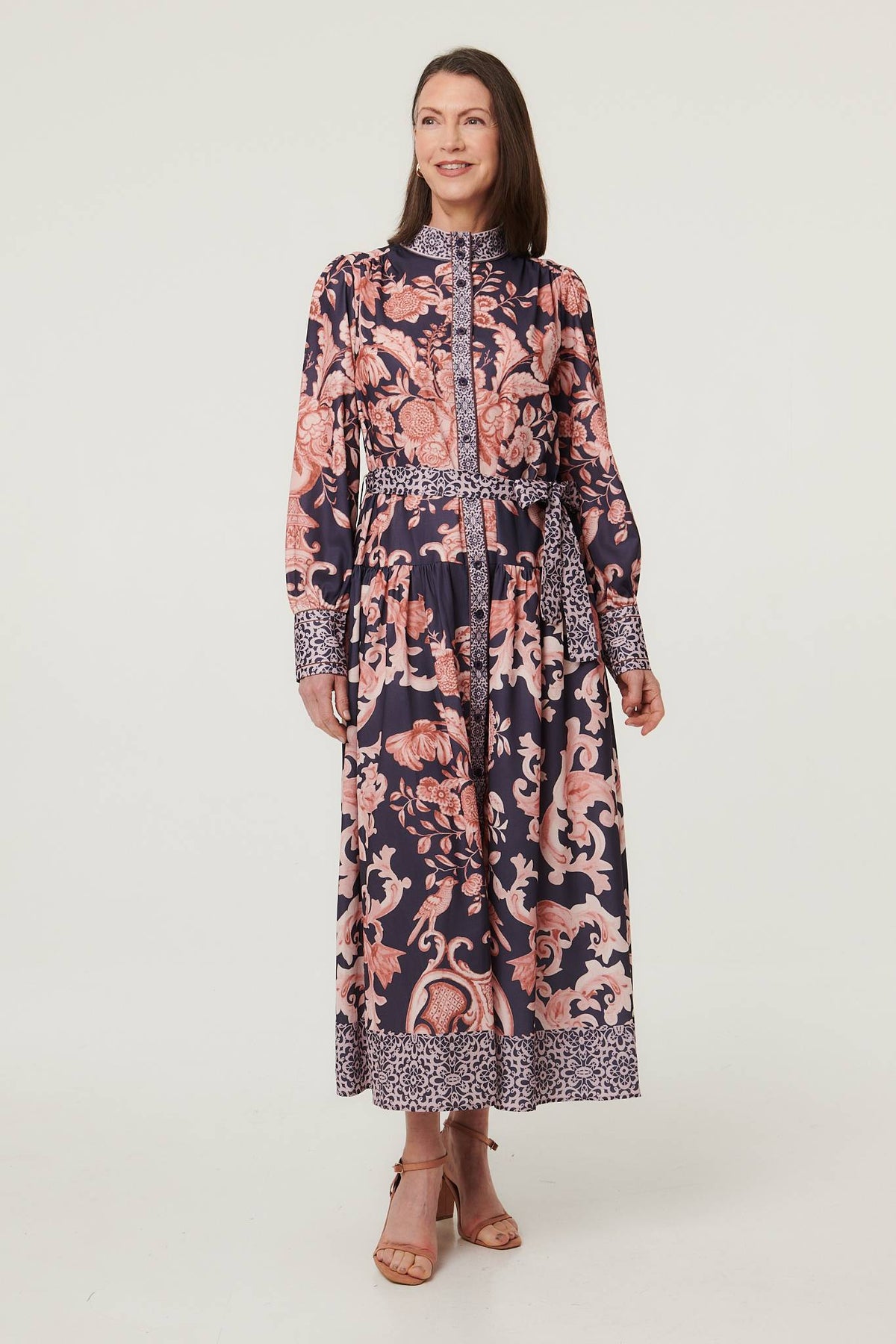 Border Print High Neck Maxi Shirt Dress Front View