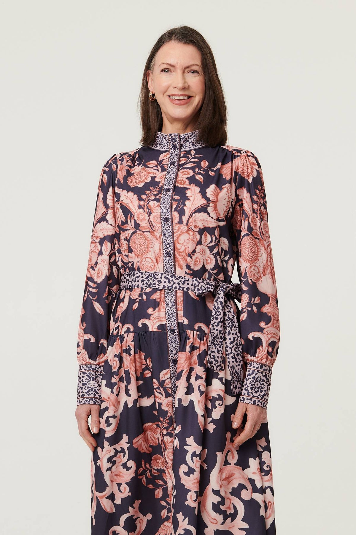 Border Print High Neck Maxi Shirt Dress Back View