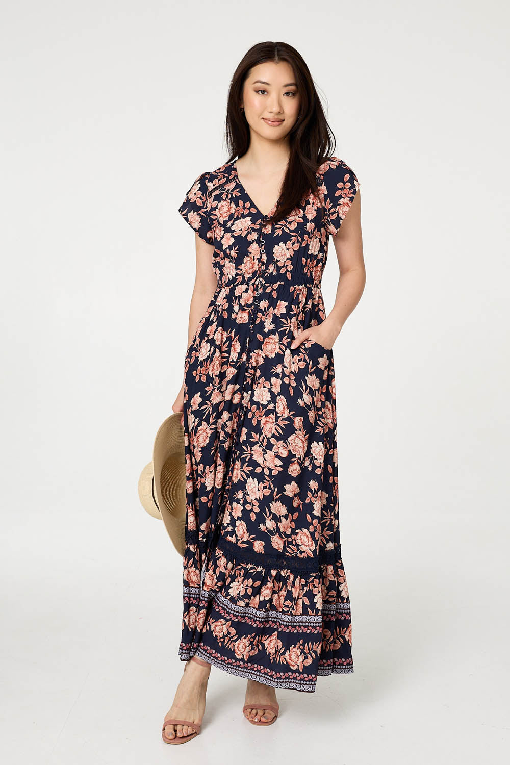 Lace Trim Tiered Cap Sleeve Maxi Dress Front View