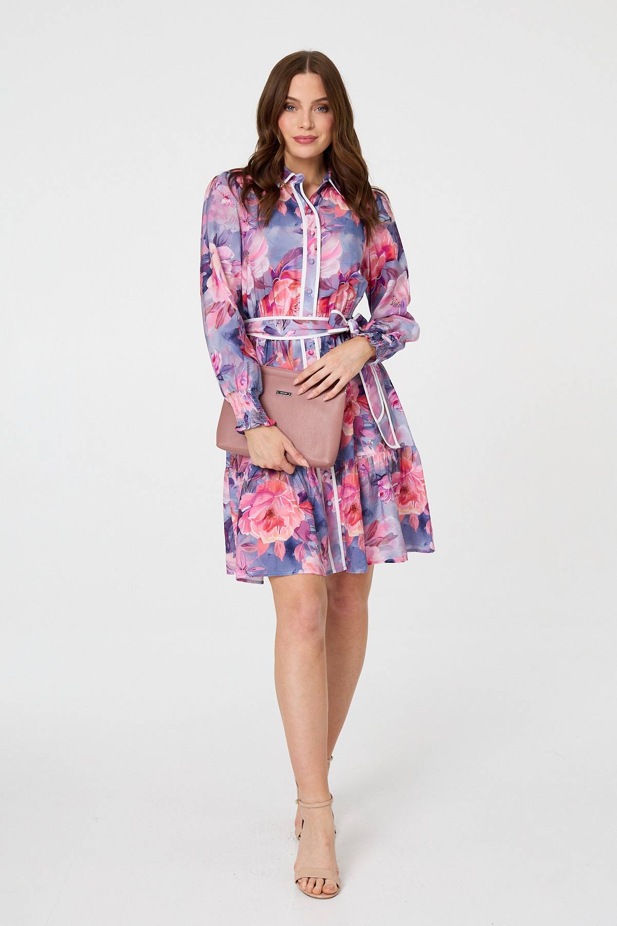 Floral Tiered Knee Length Shirt Dress Back View