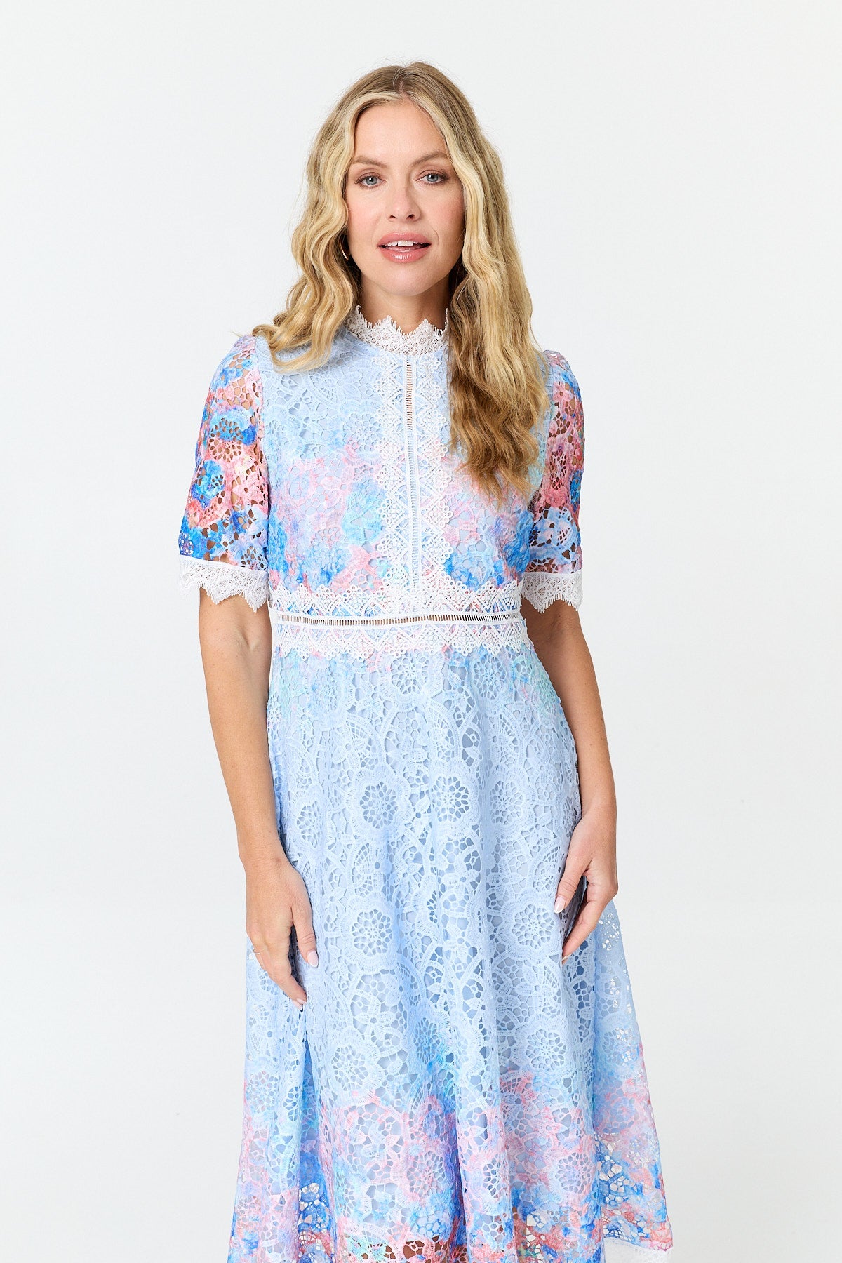 Floral Lace Trim 1/2 Sleeve Midi Dress Back View