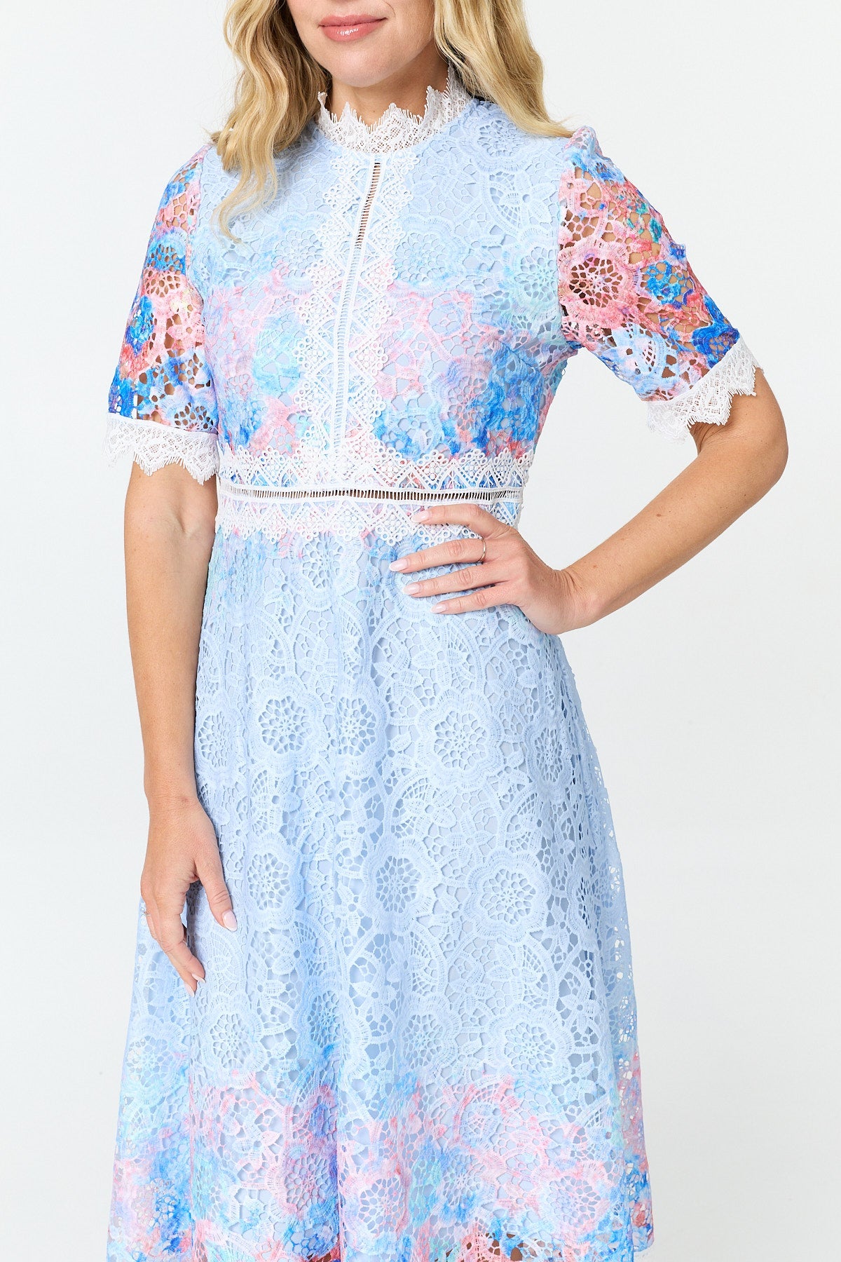 Floral Lace Trim 1/2 Sleeve Midi Dress Full Length View