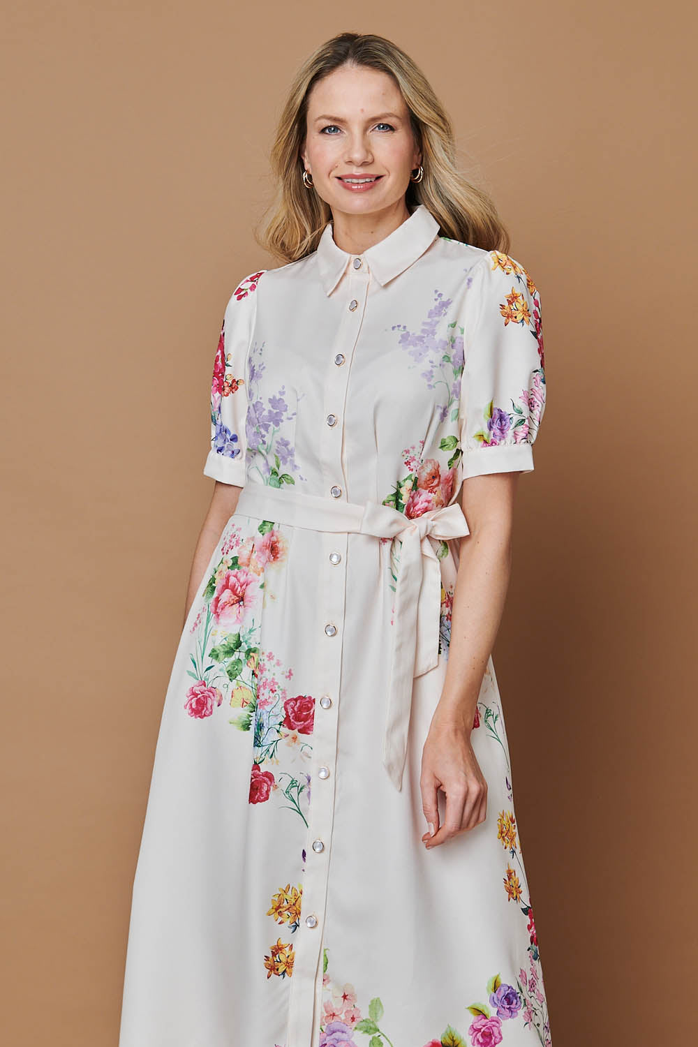 Floral 1/2 Sleeve Tie Waist Midi Dress Back View