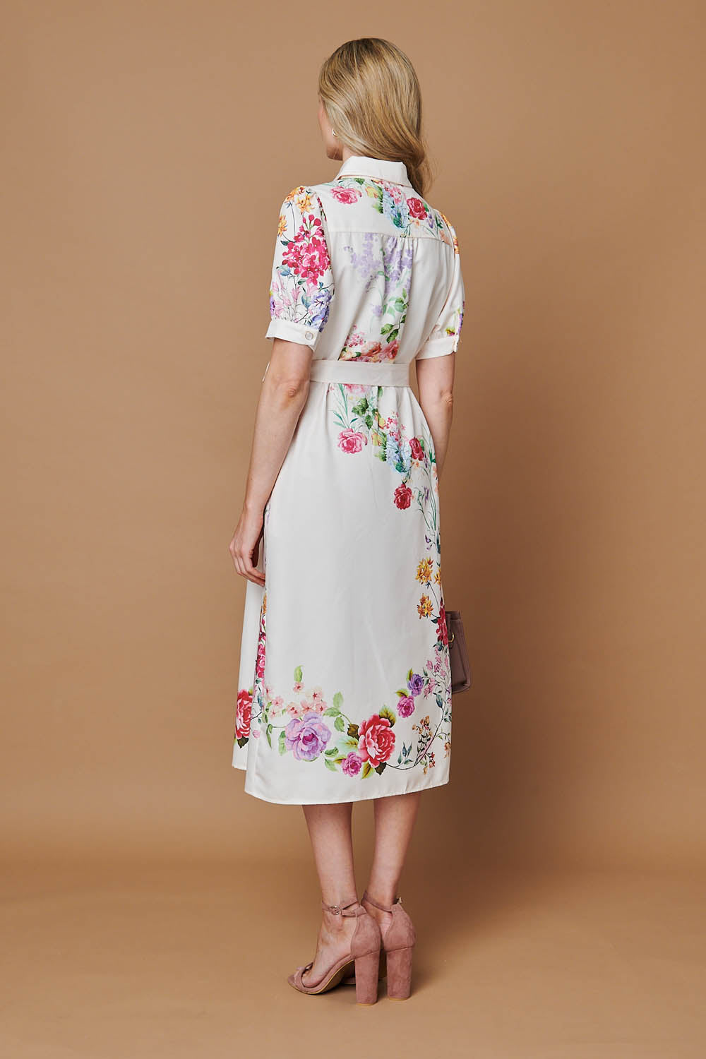 Floral 1/2 Sleeve Tie Waist Midi Dress Side View