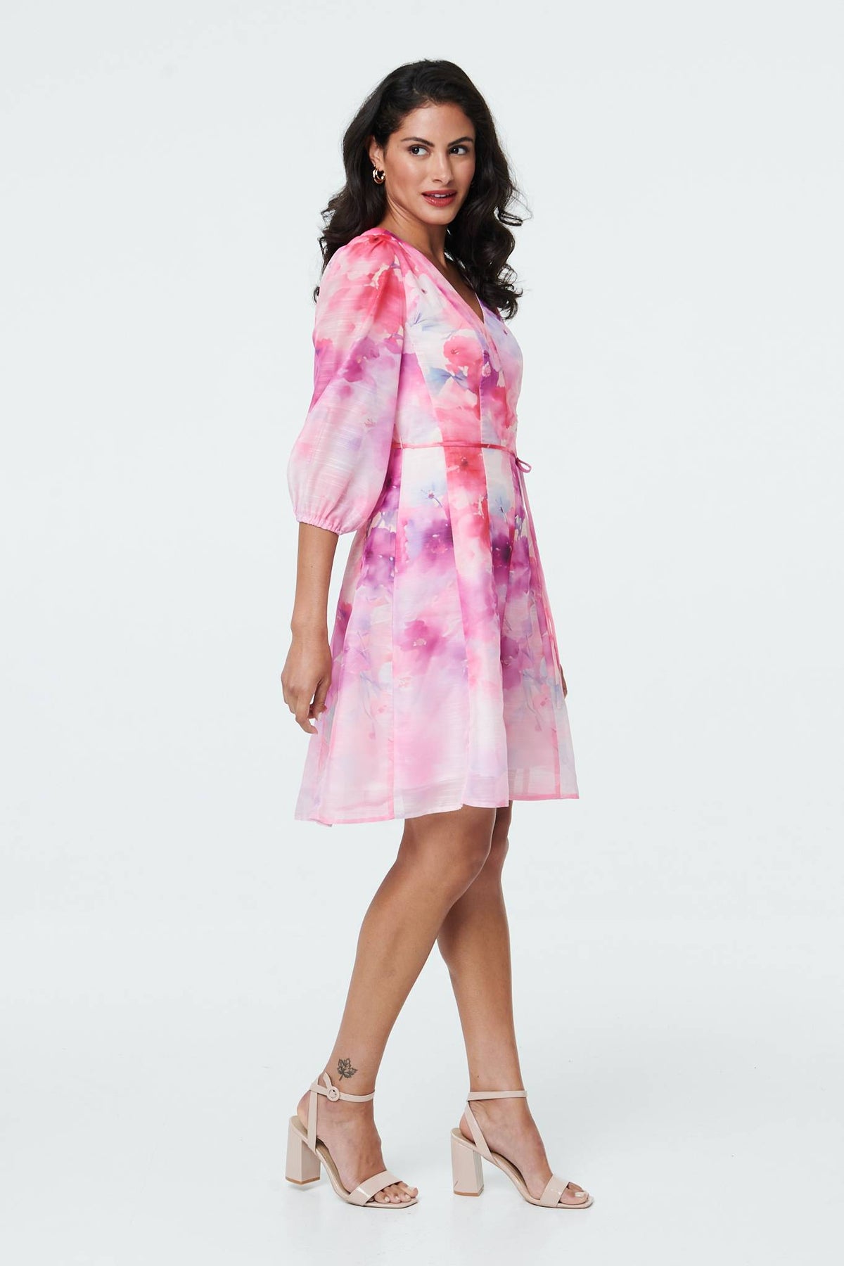 Floral Layer 3/4 Puff Sleeve Short Dress Full Length View