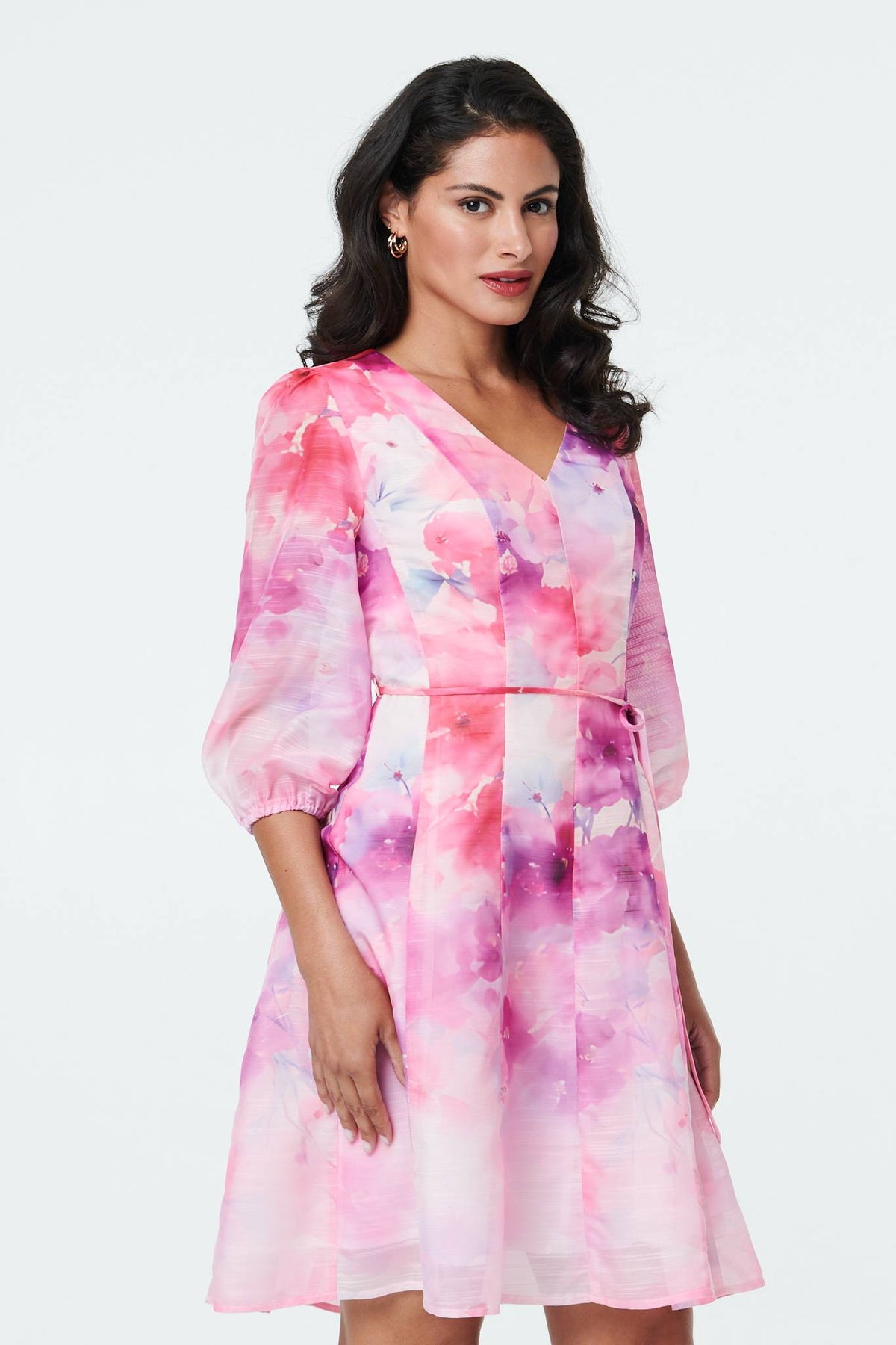Floral Layer 3/4 Puff Sleeve Short Dress Styled View