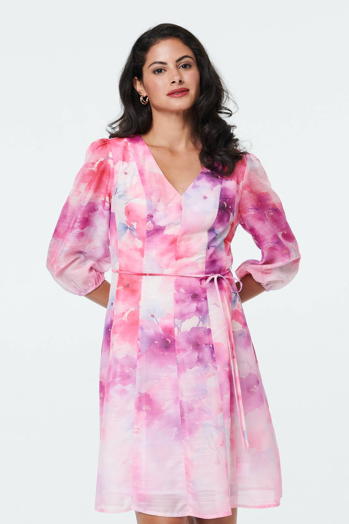 Floral Layer 3/4 Puff Sleeve Short Dress Front View