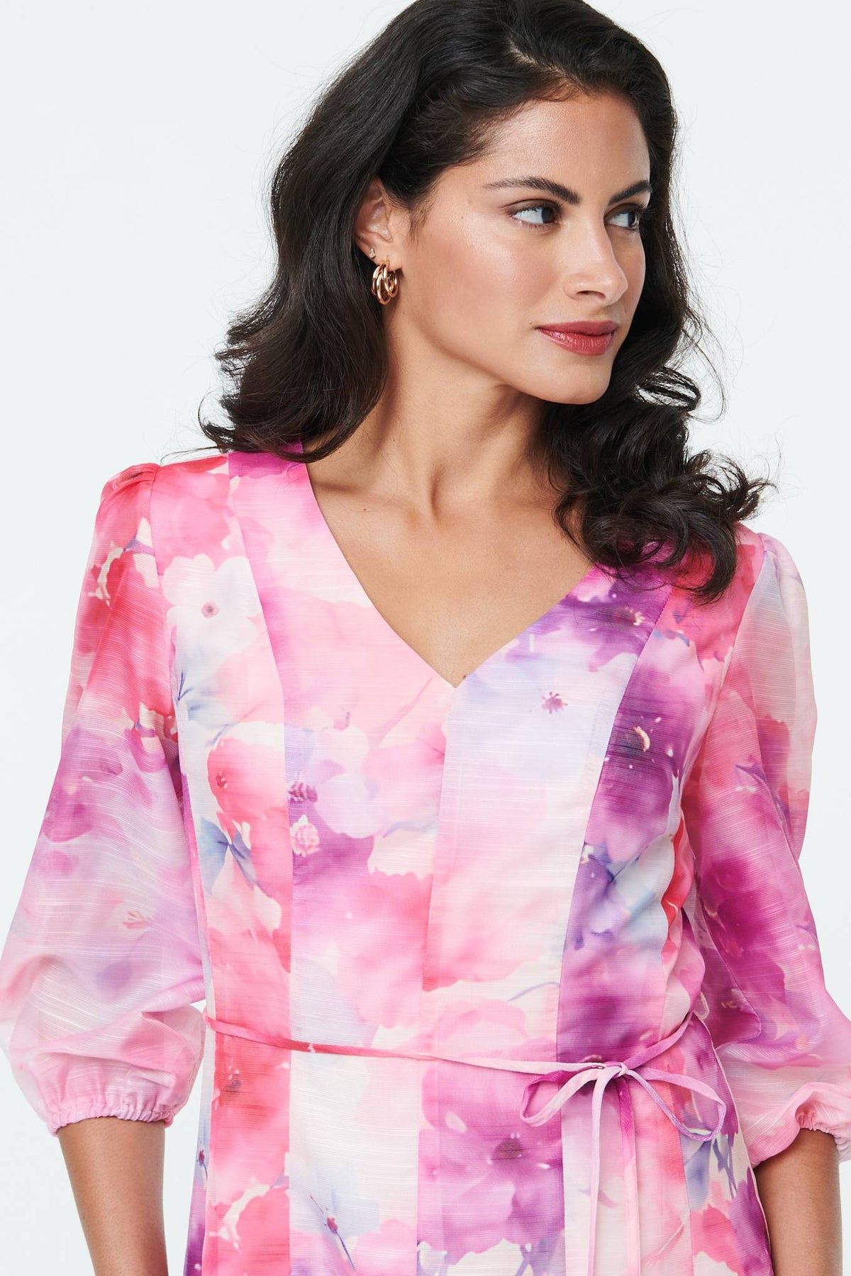 Floral Layer 3/4 Puff Sleeve Short Dress Front View 2