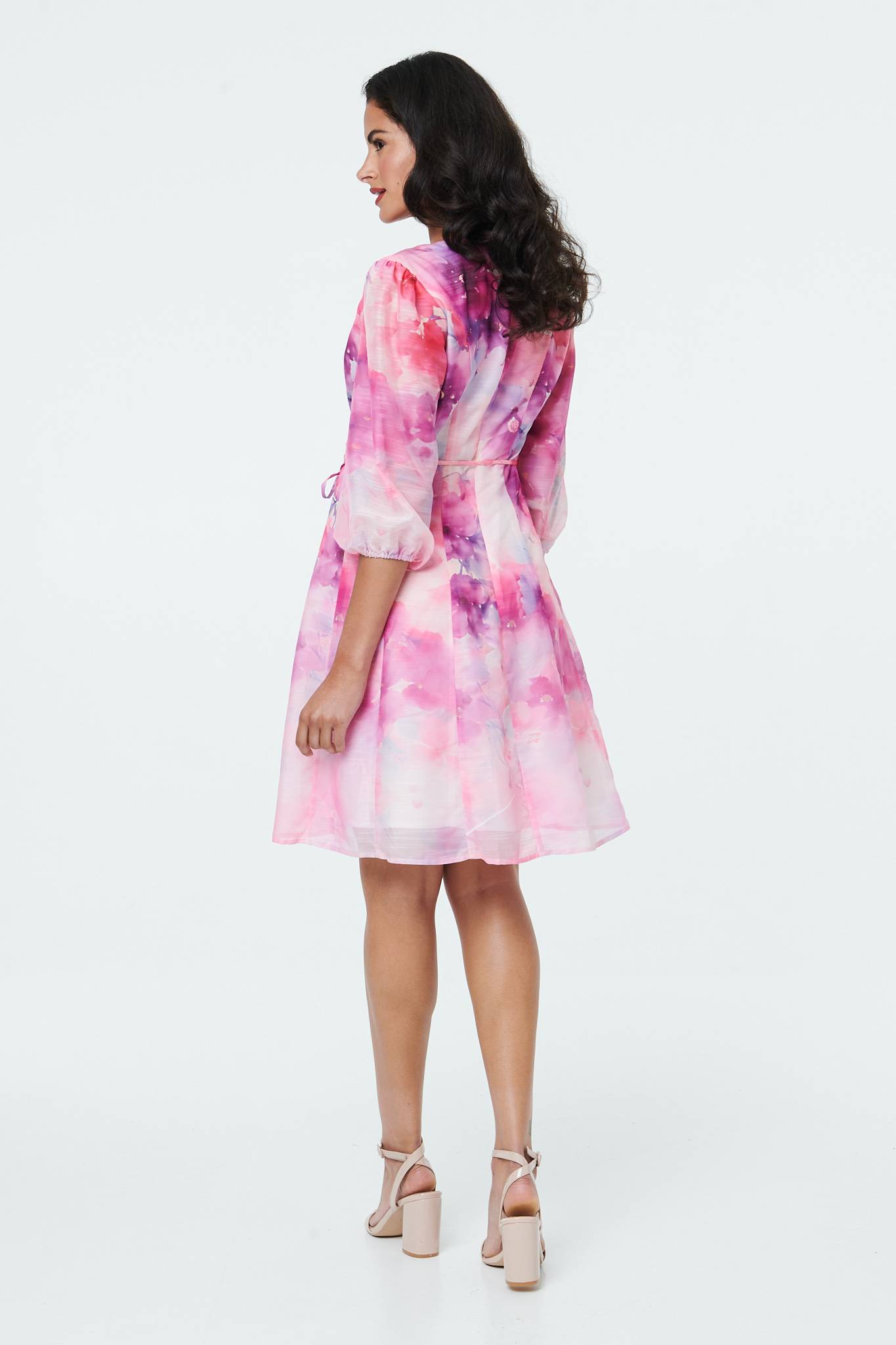 Floral Layer 3/4 Puff Sleeve Short Dress Detail View
