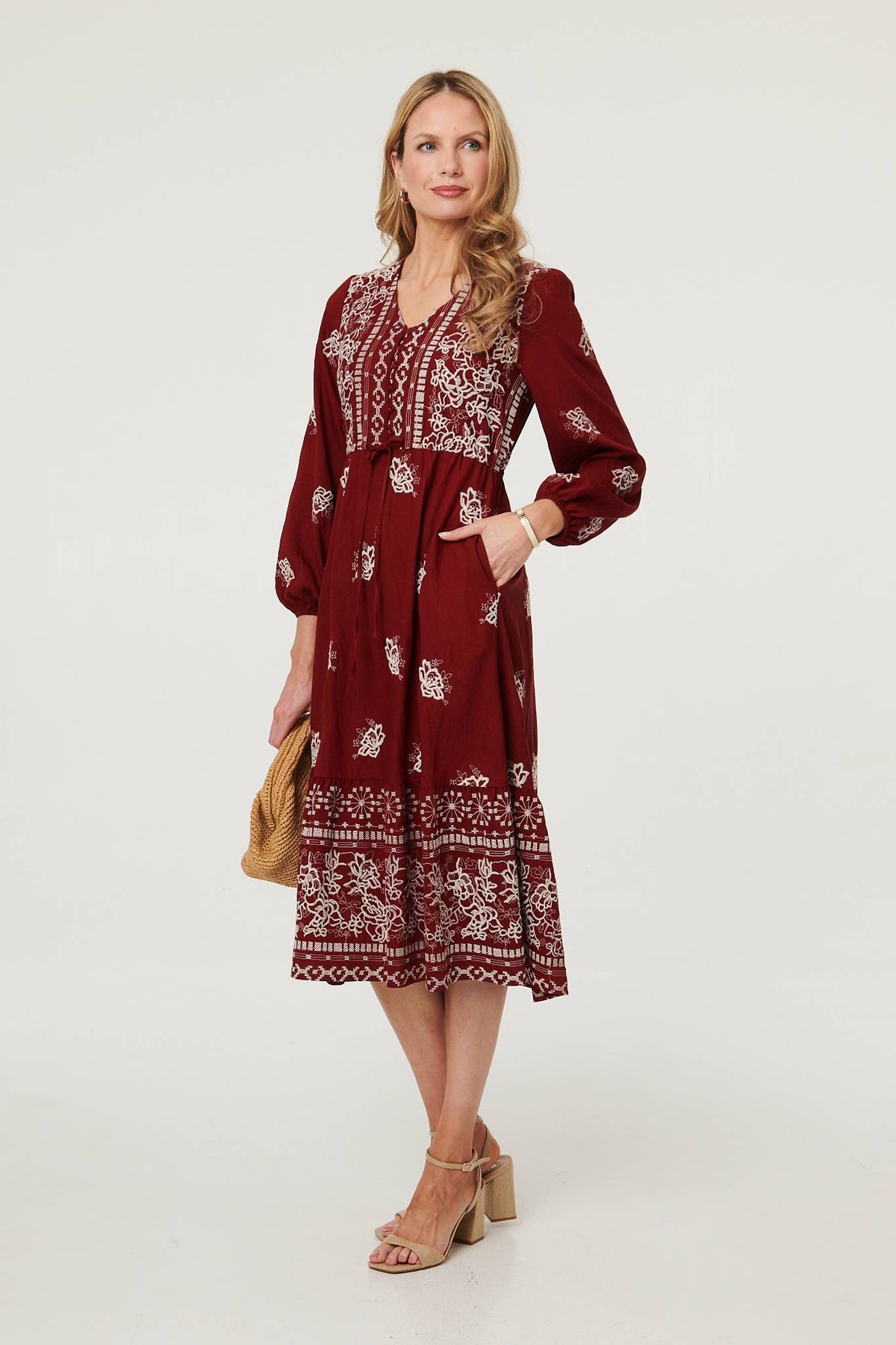 Embroidered Long Sleeve Midi Dress Back View