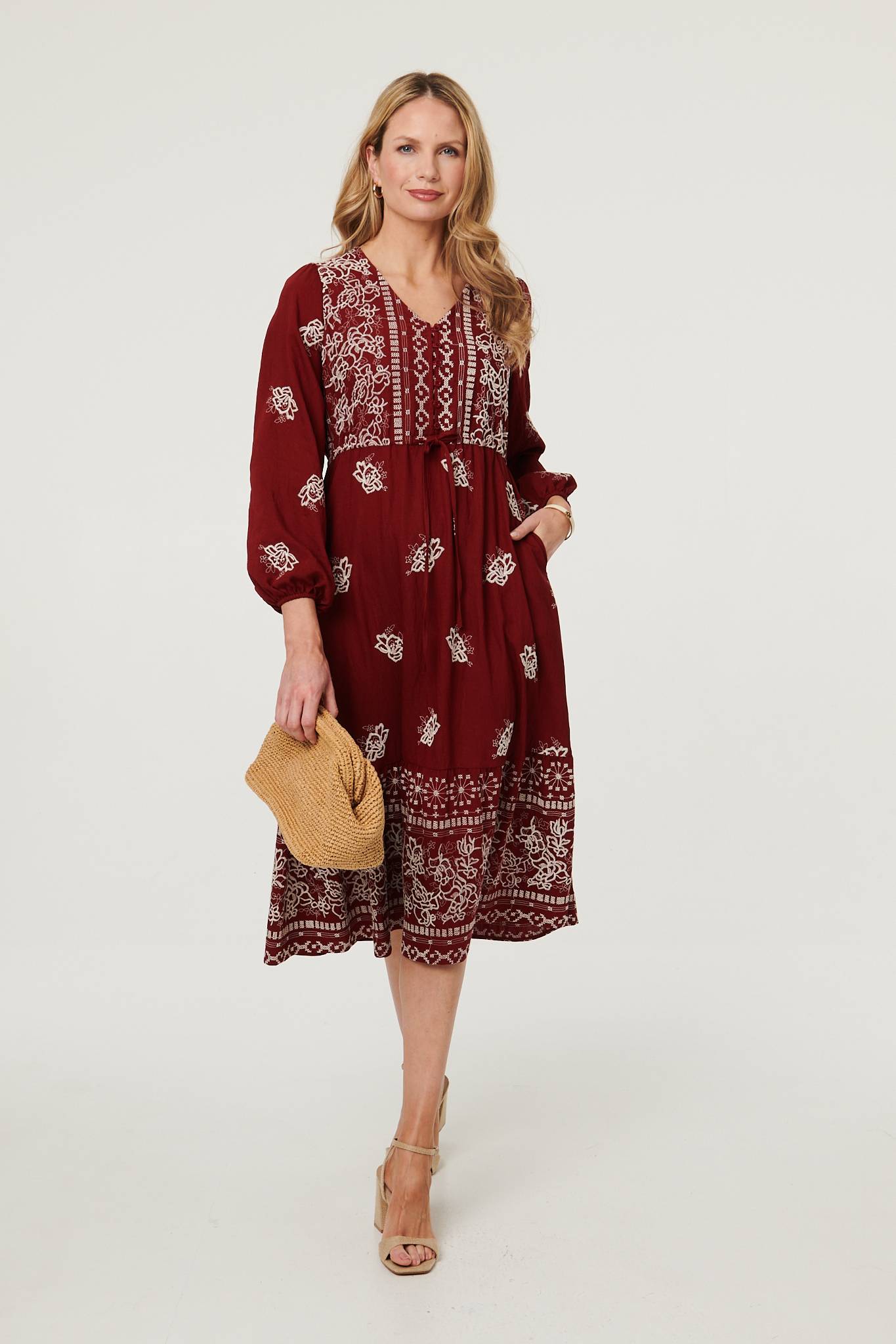 Embroidered Long Sleeve Midi Dress Front View