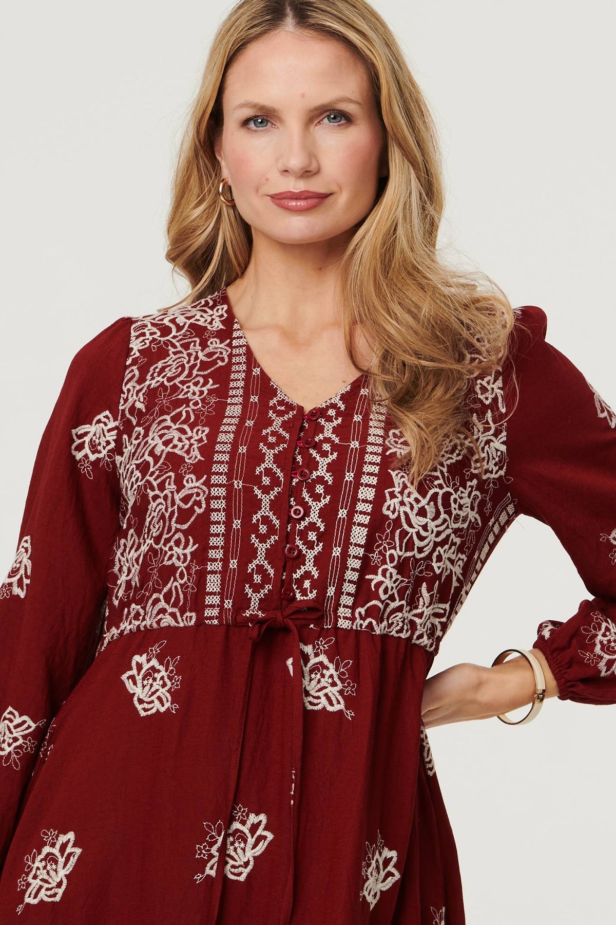 Embroidered Long Sleeve Midi Dress Detail View