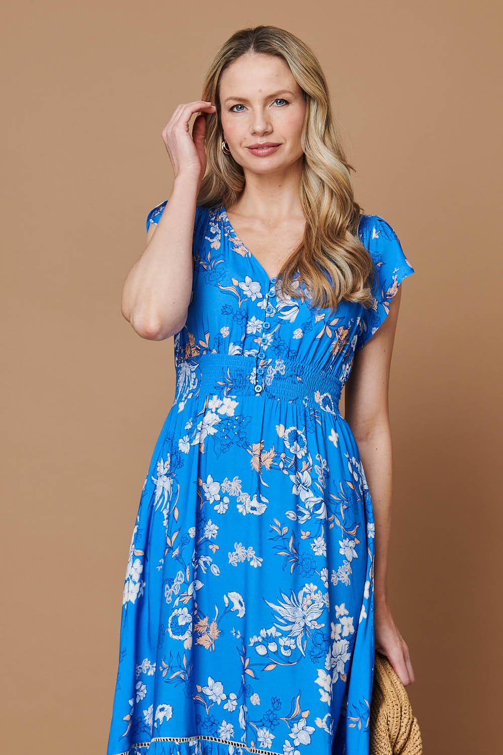 Floral Cap Sleeved Shirred Midi Dress Detail View