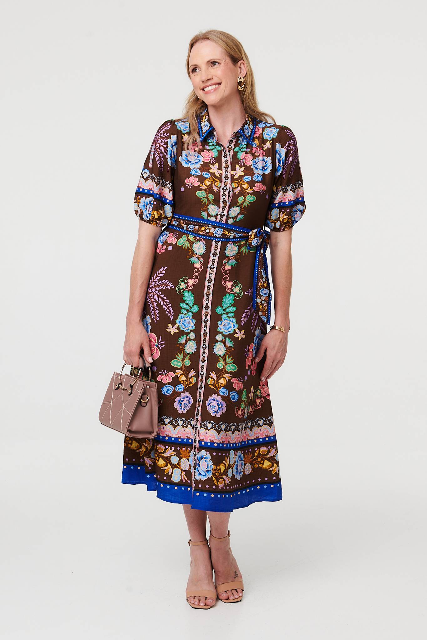 Floral 1/2 Puff Sleeve Shirt Midi Dress Detail View