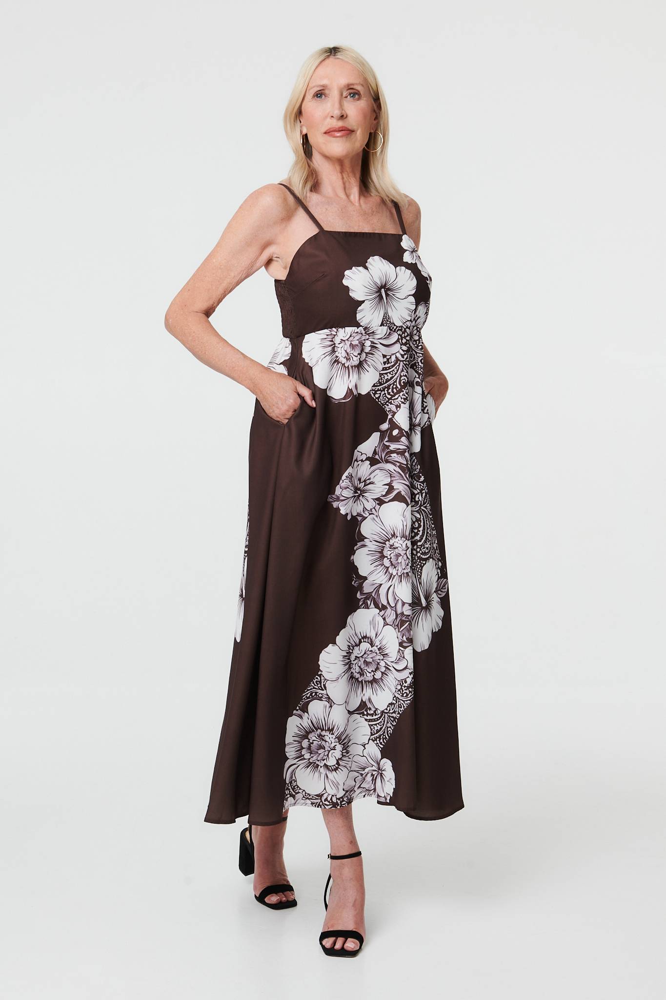 Floral Sleeveless Cami A-Line Midi Dress Detail View