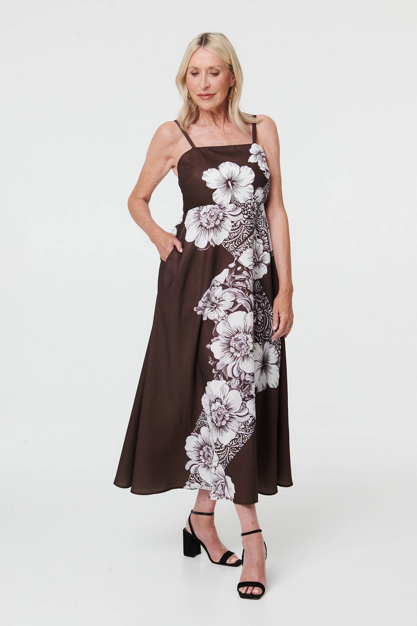 Floral Sleeveless Cami A-Line Midi Dress Front View