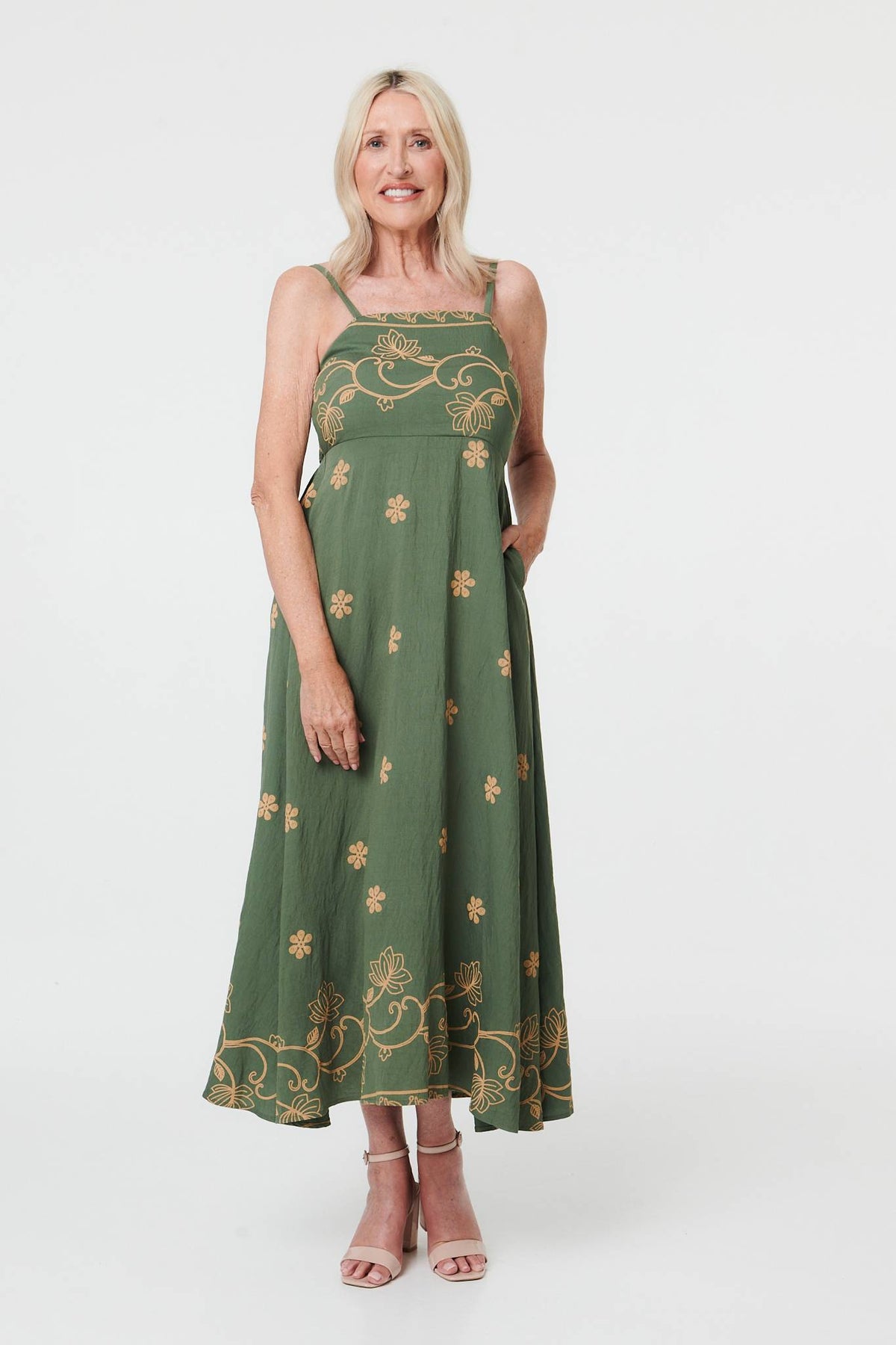 Floral Embroidered Cami Strap Midi Dress Front View