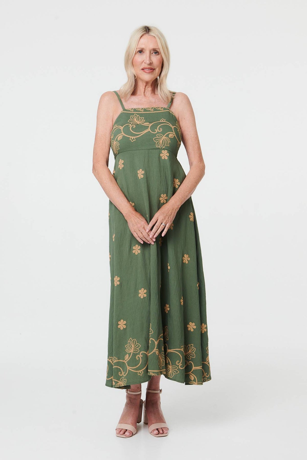 Floral Embroidered Cami Strap Midi Dress Detail View