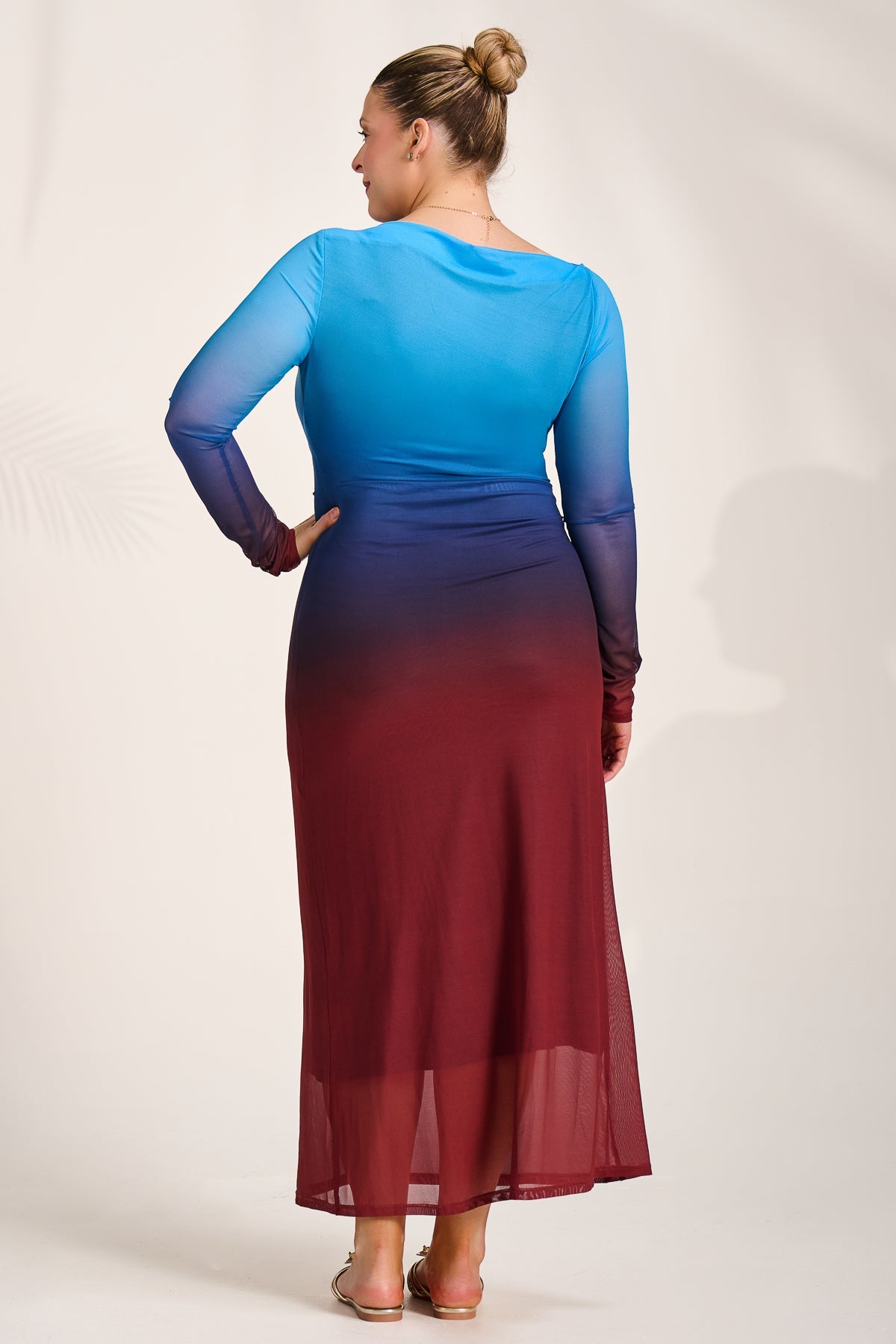 Long Sleeve Slash Neck Mesh Maxi Dress Burgundy Ombre Full Length View