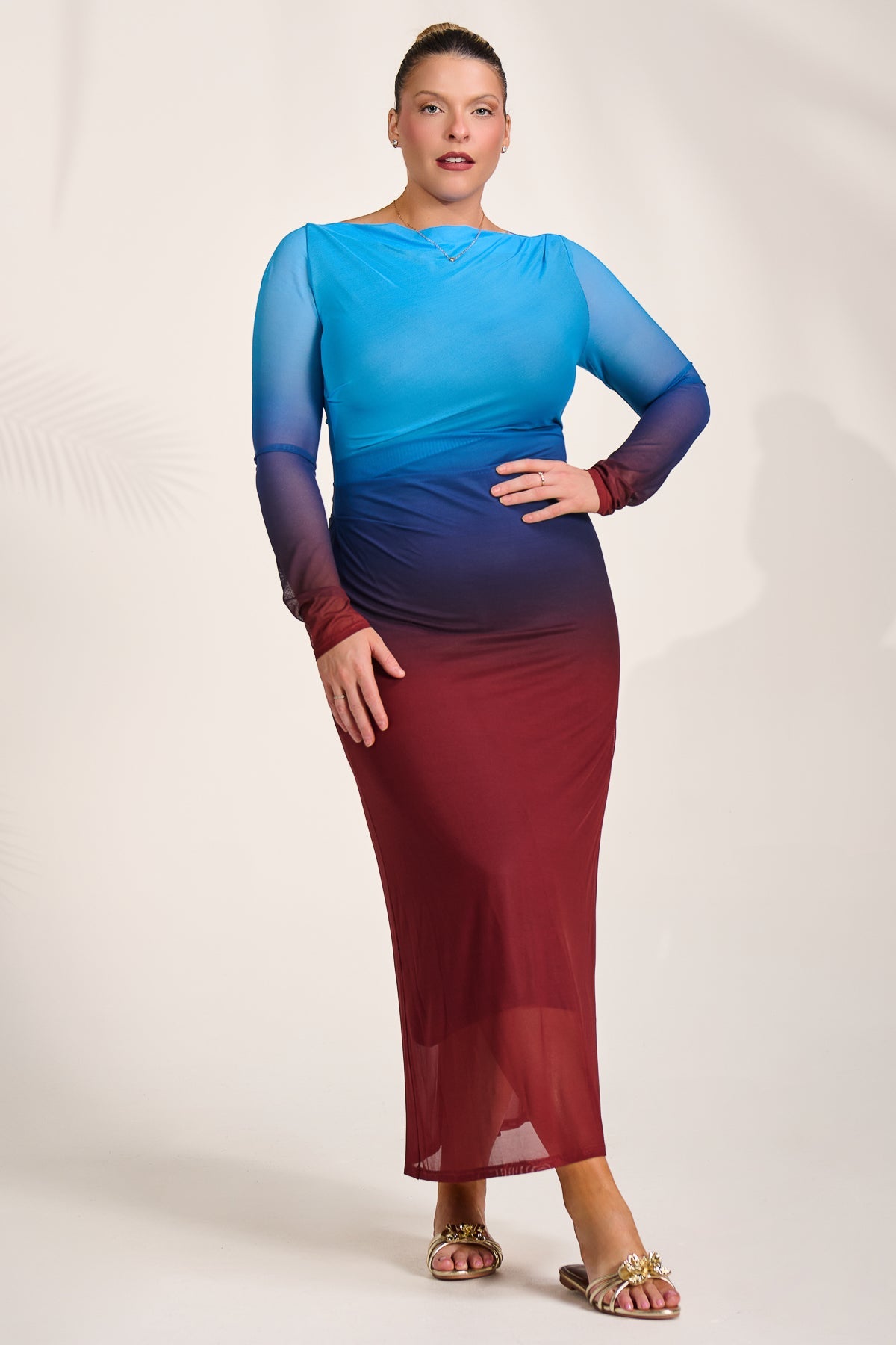 Long Sleeve Slash Neck Mesh Maxi Dress Burgundy Ombre Side View