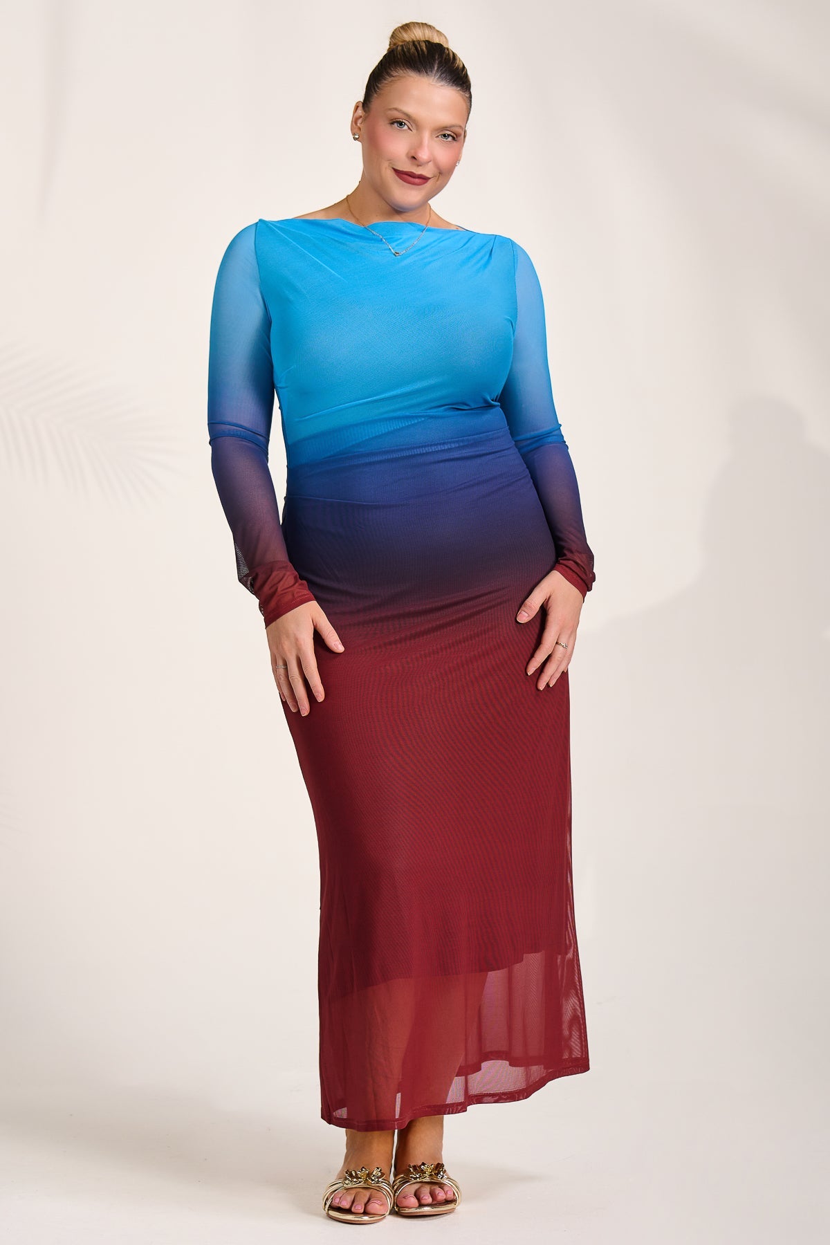 Long Sleeve Slash Neck Mesh Maxi Dress Burgundy Ombre Front View 2