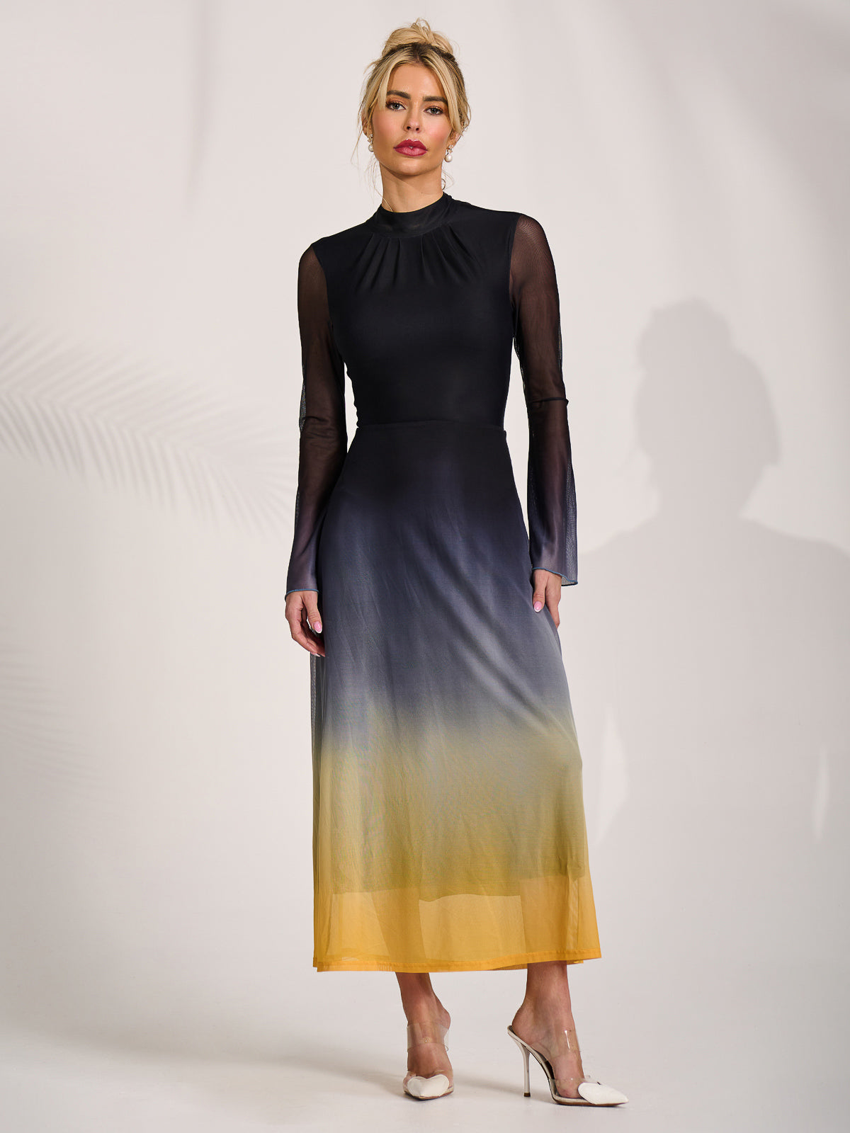 Long Sleeve High Neck Mesh Dress Front View 2