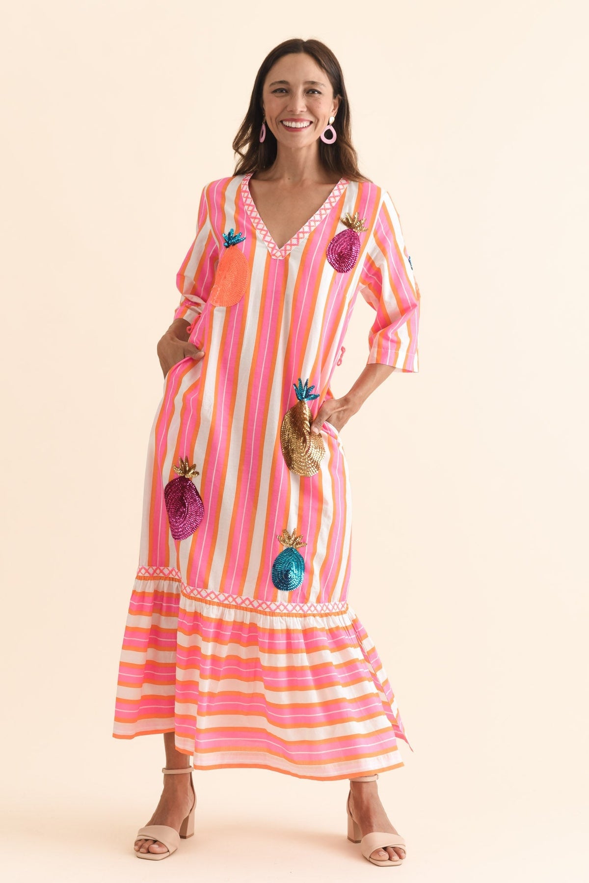 Dakota Pink Pineapple Sequin Cotton Dress Full Length View
