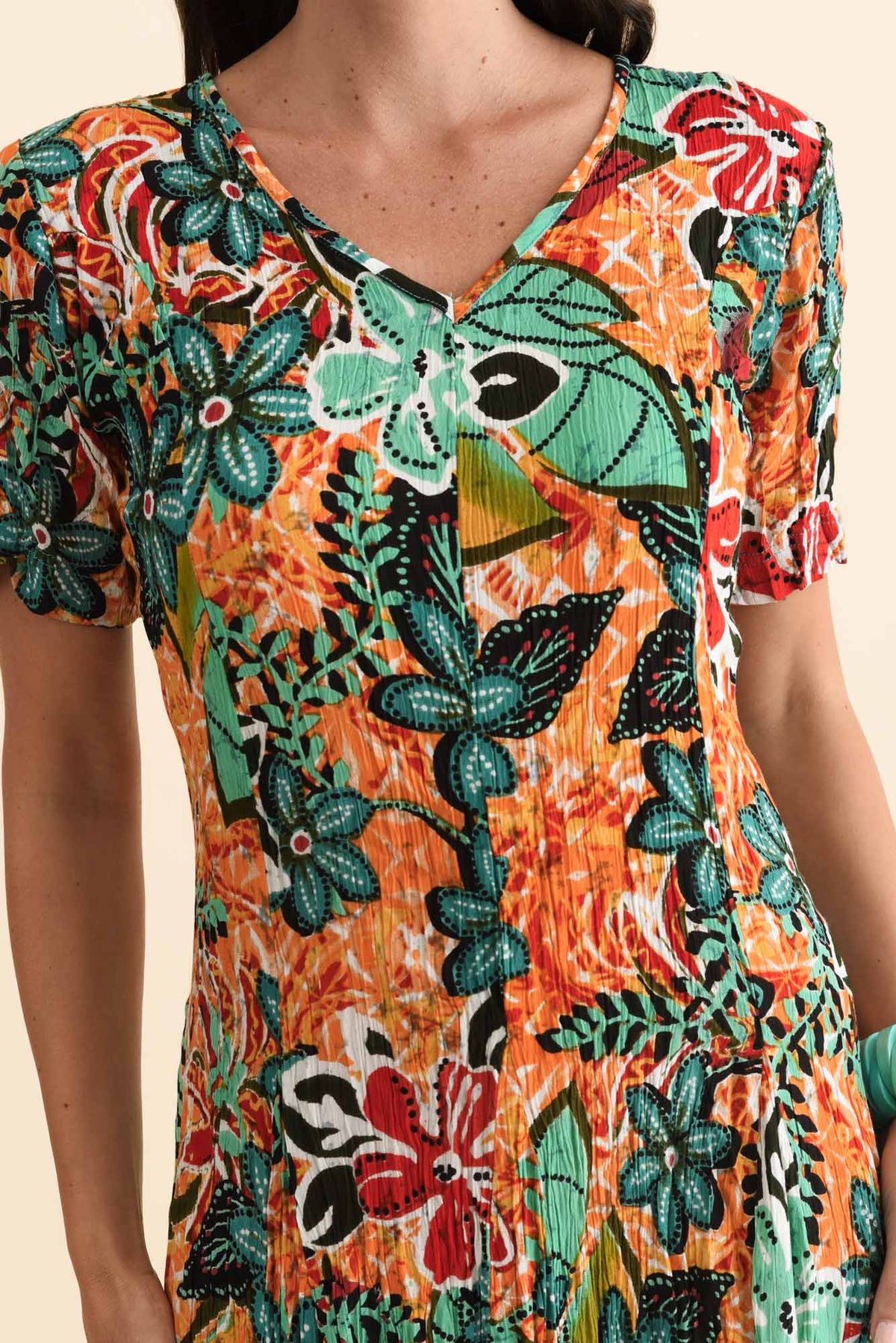 Danika Orange Floral Midi Dress Detail View