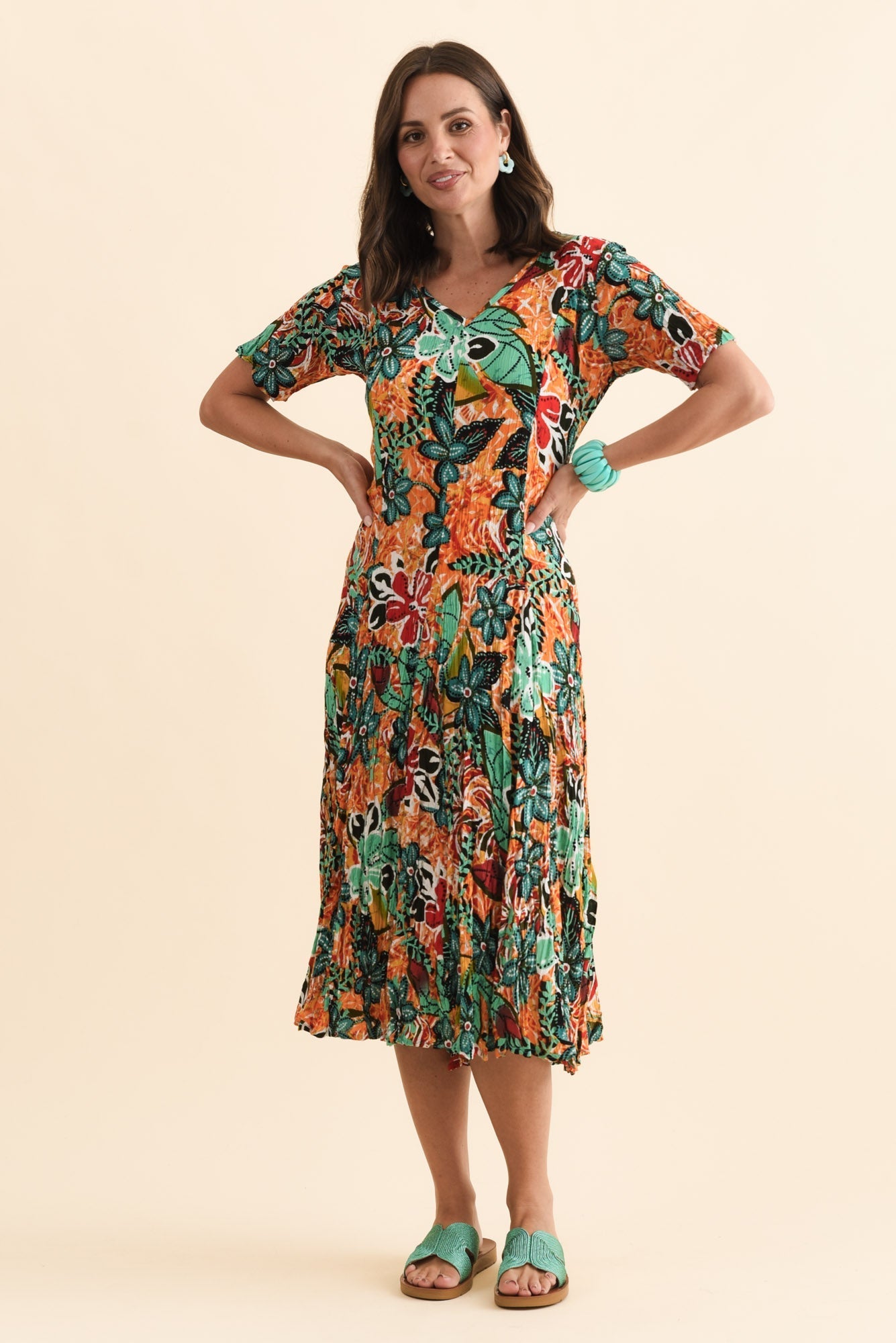Danika Orange Floral Midi Dress Full Length View