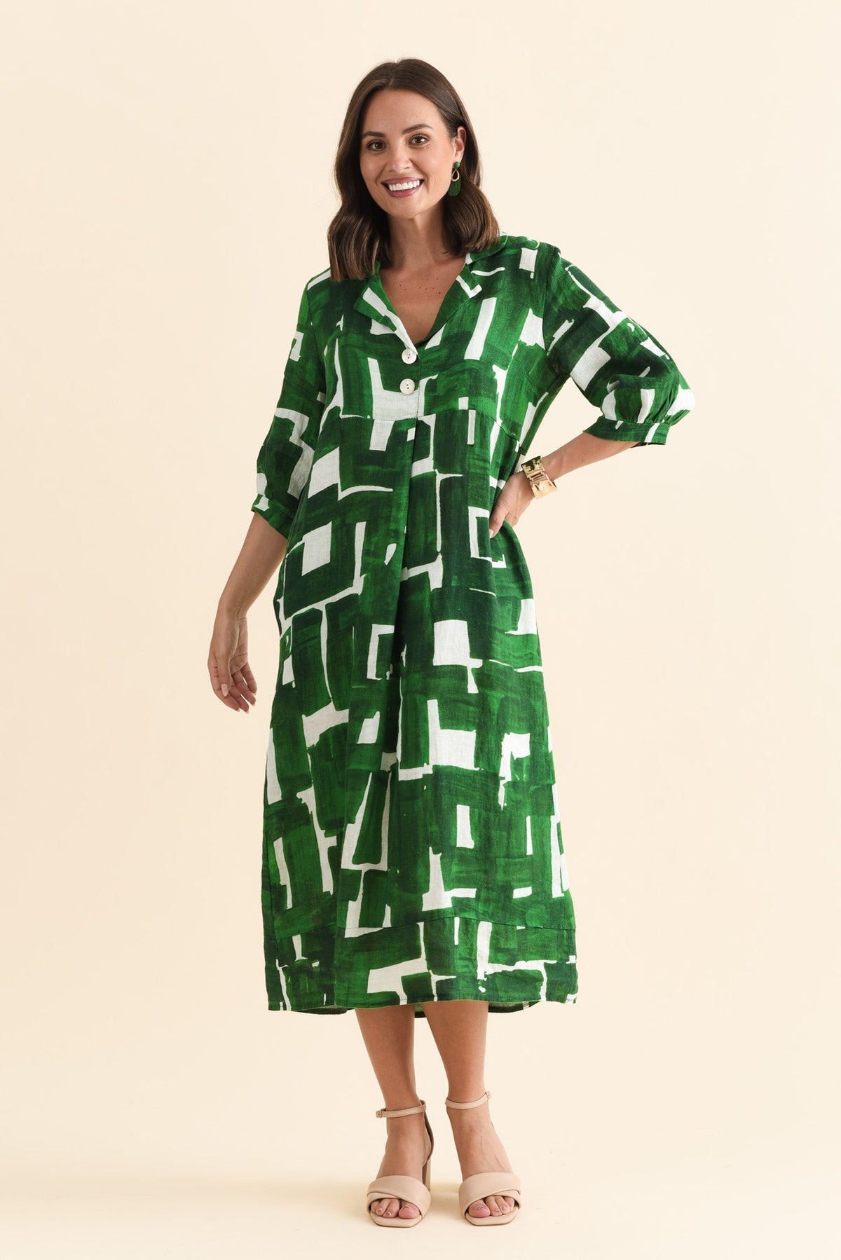 Daria Green Geo Linen Collared Dress Front View
