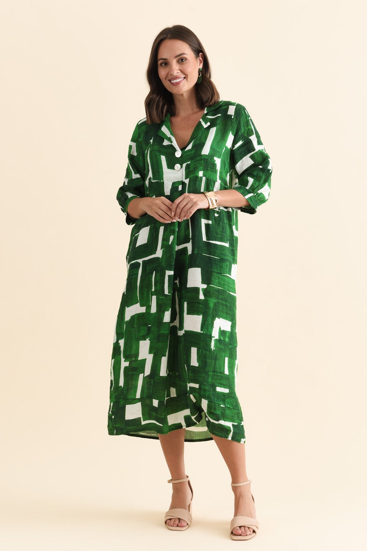 Daria Green Geo Linen Collared Dress Back View 2