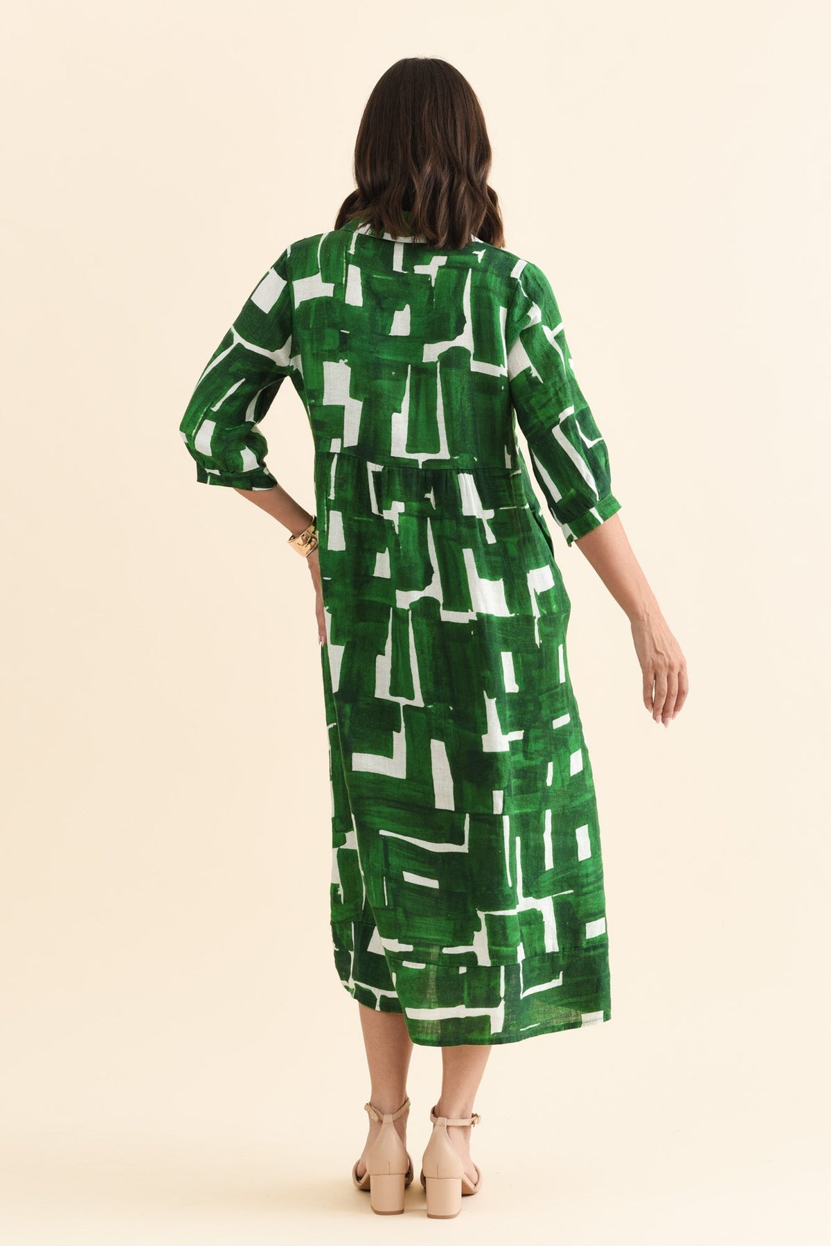 Daria Green Geo Linen Collared Dress Detail View