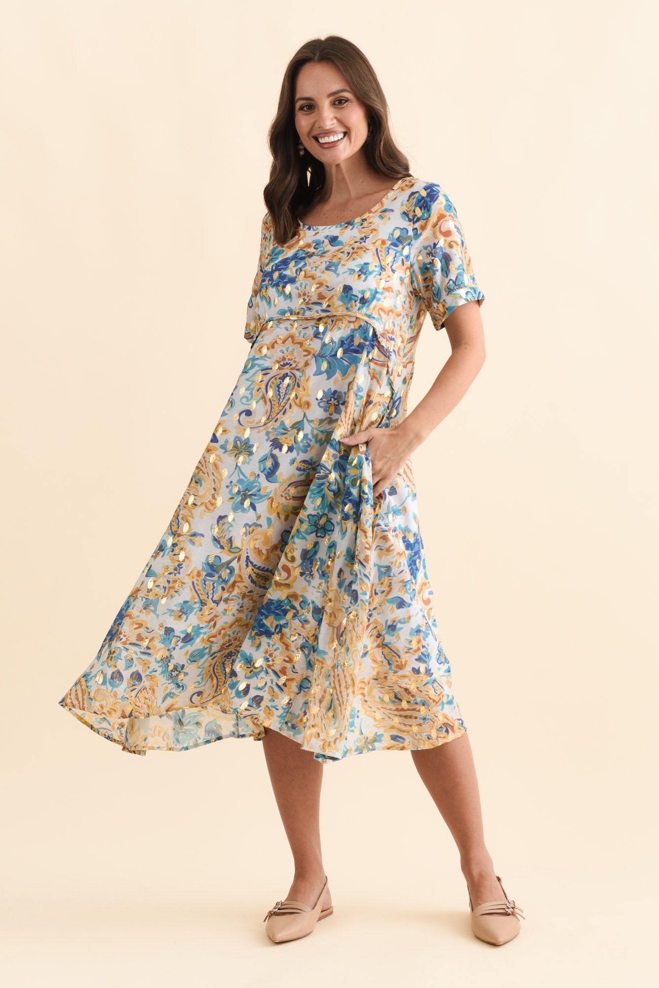 Darling Blue Paisley Foil Crescent Dress Front View