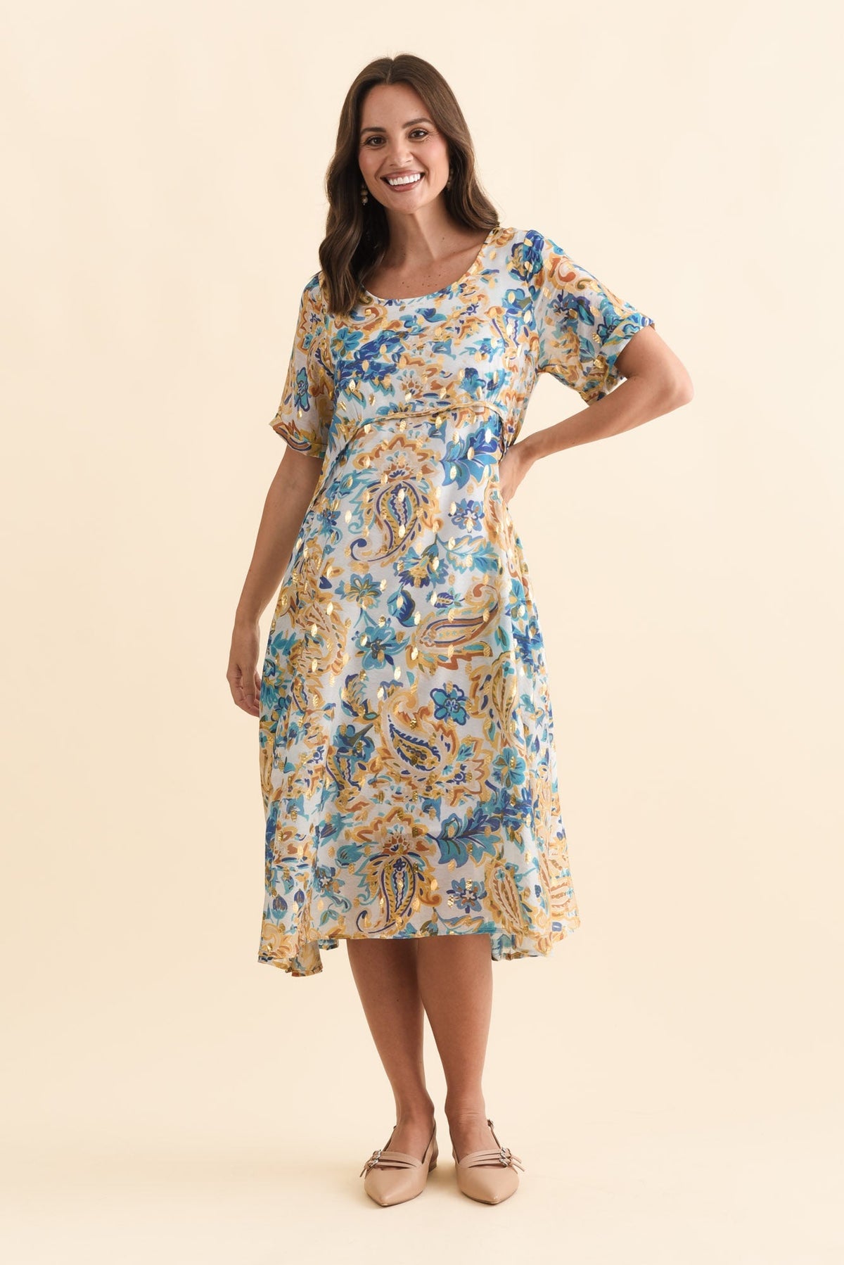 Darling Blue Paisley Foil Crescent Dress Front View 2
