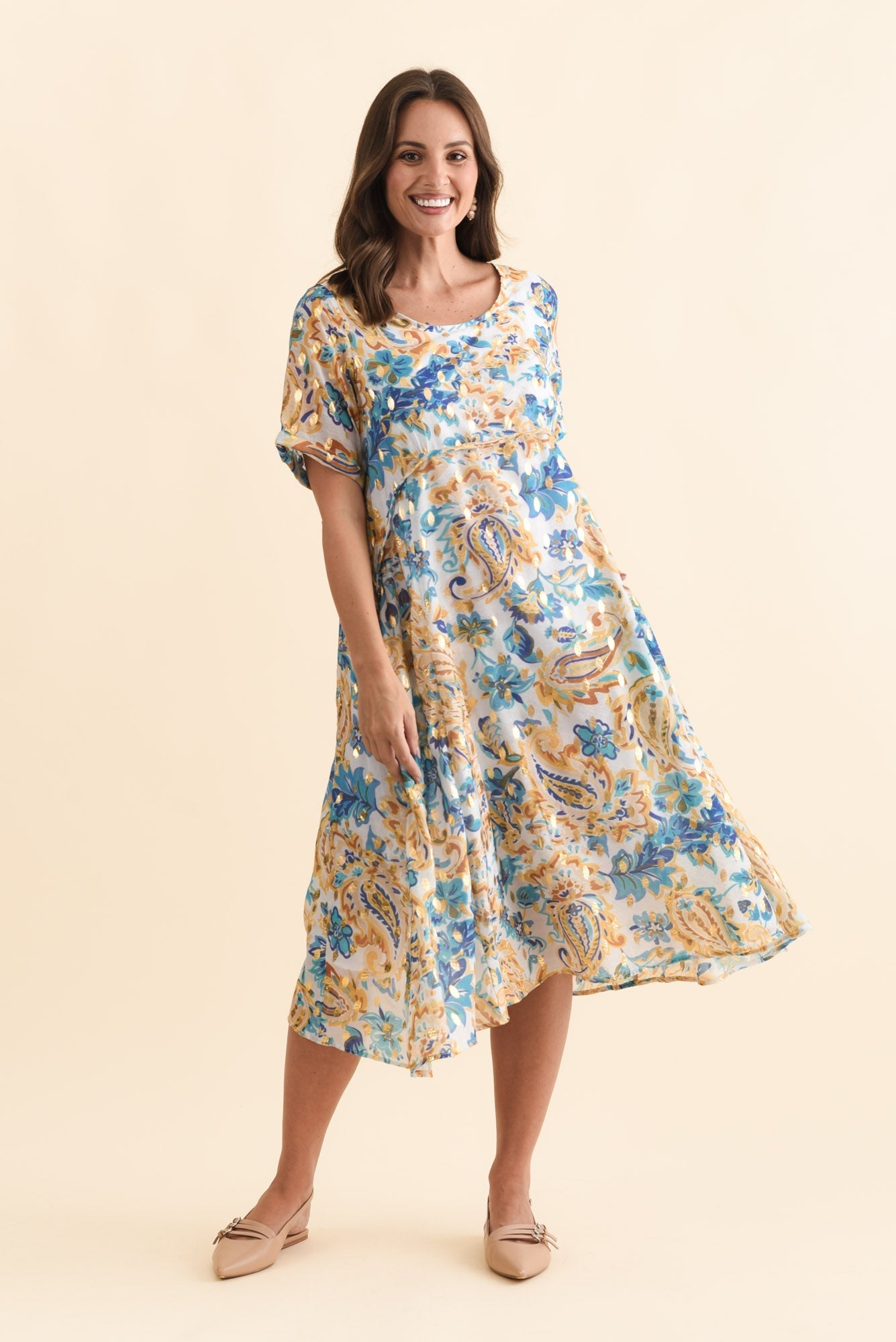 Darling Blue Paisley Foil Crescent Dress Full Length View
