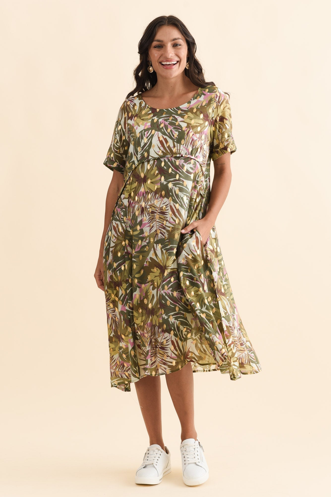 Darling Khaki Tropical Foil Crescent Dress Back View