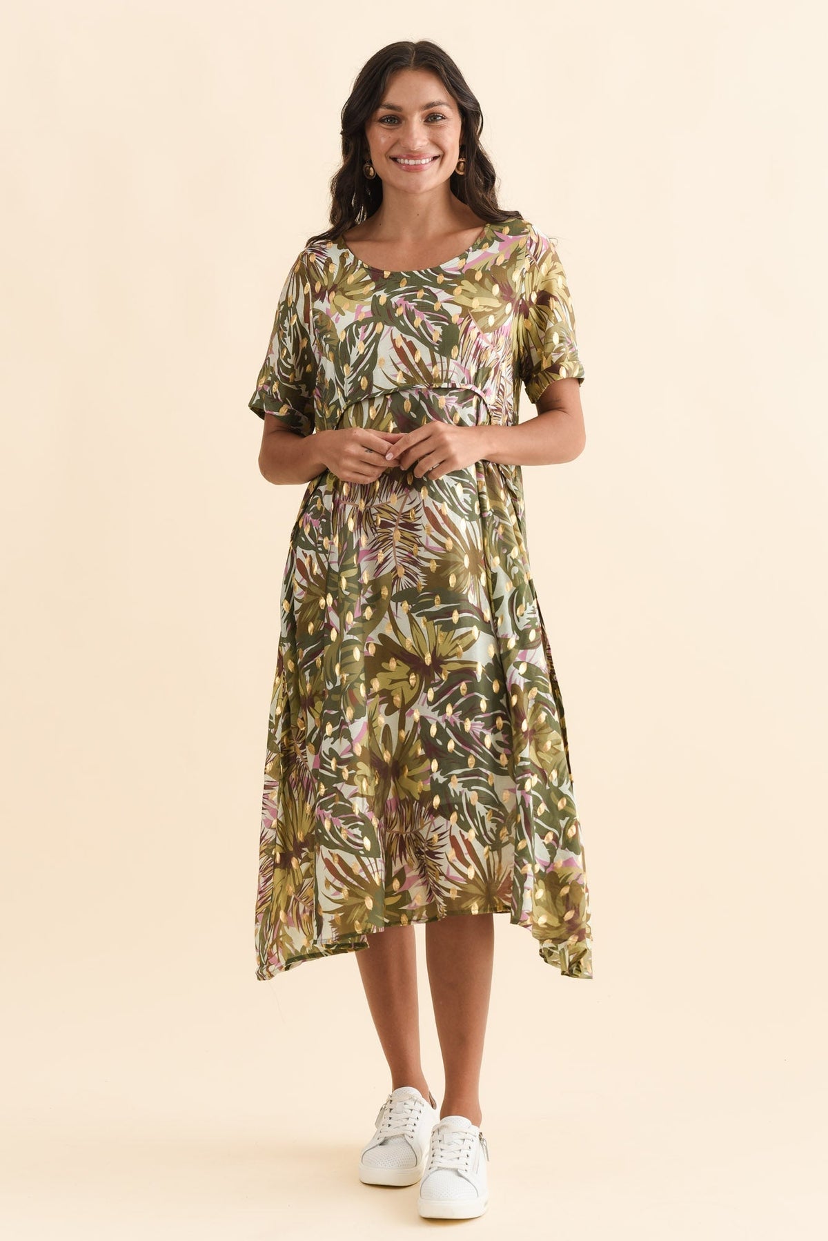 Darling Khaki Tropical Foil Crescent Dress Back View 2