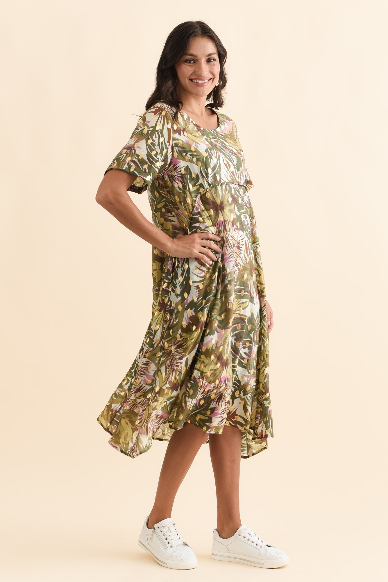 Darling Khaki Tropical Foil Crescent Dress Side View