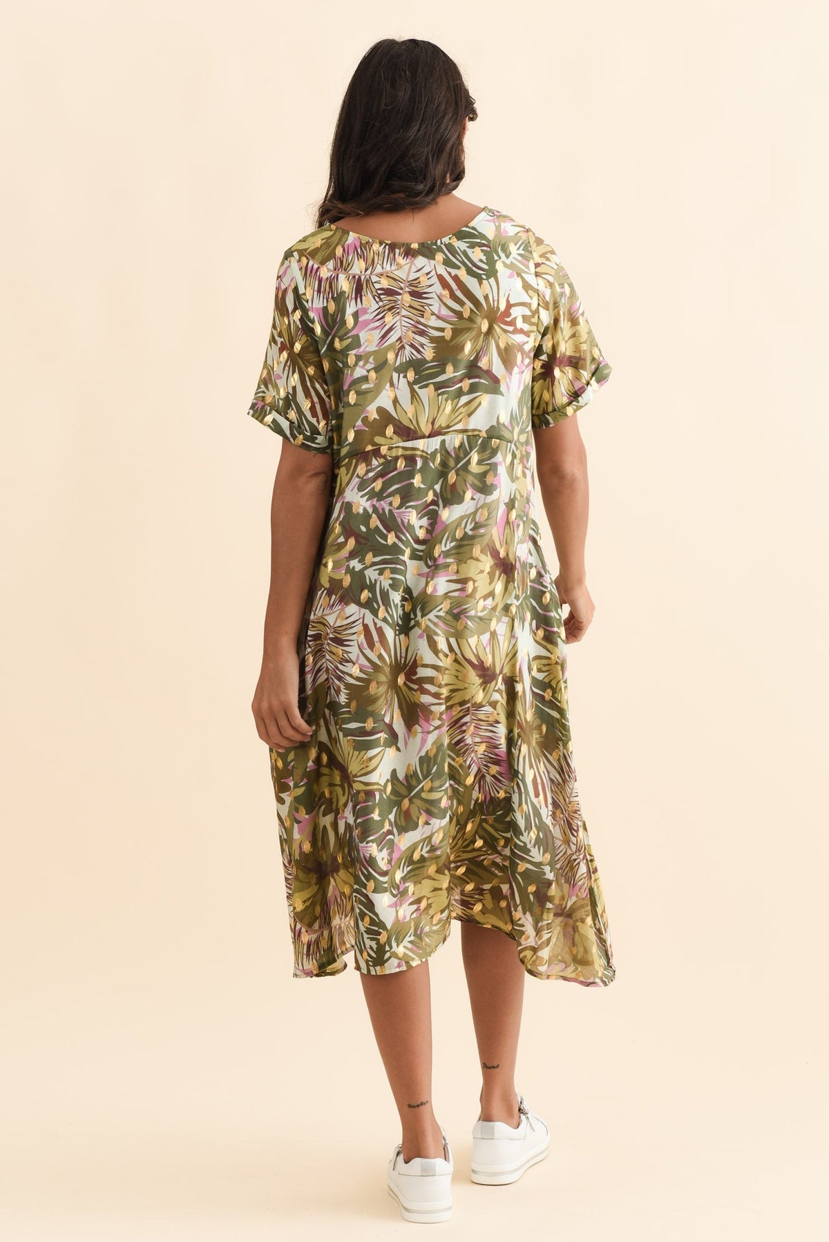 Darling Khaki Tropical Foil Crescent Dress Detail View