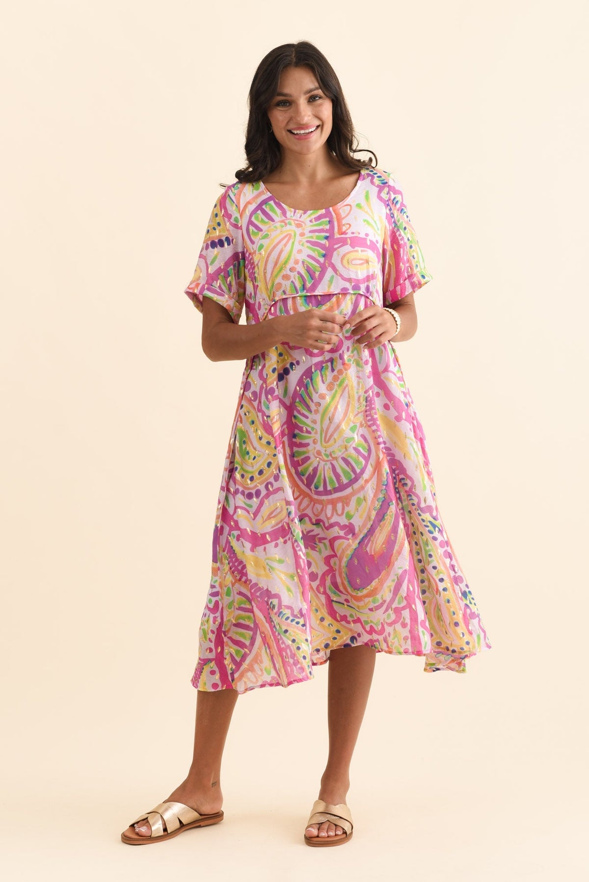 Darling Pink Abstract Foil Crescent Dress Full Length View
