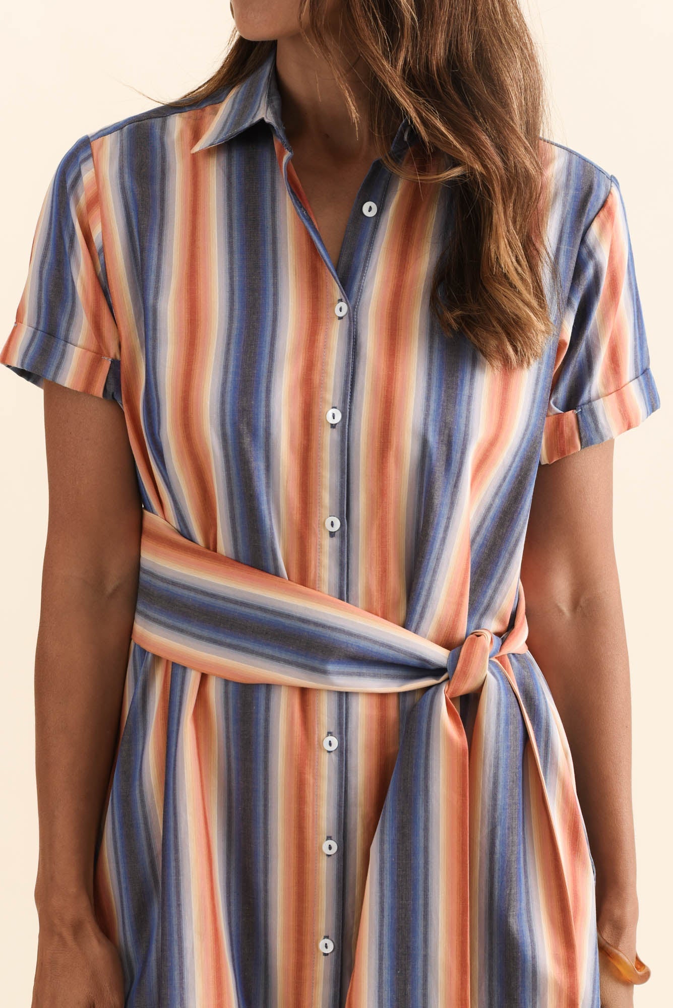 Deirdre Blue Stripe Cotton Tie Dress Side View