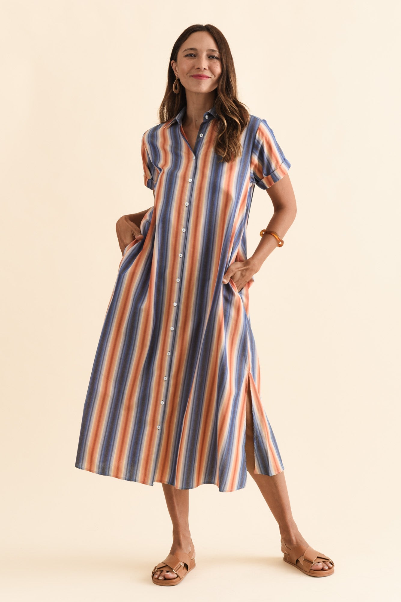 Deirdre Blue Stripe Cotton Tie Dress Front View 2