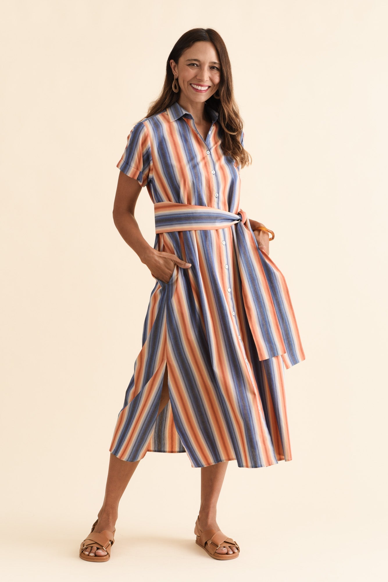Deirdre Blue Stripe Cotton Tie Dress Full Length View