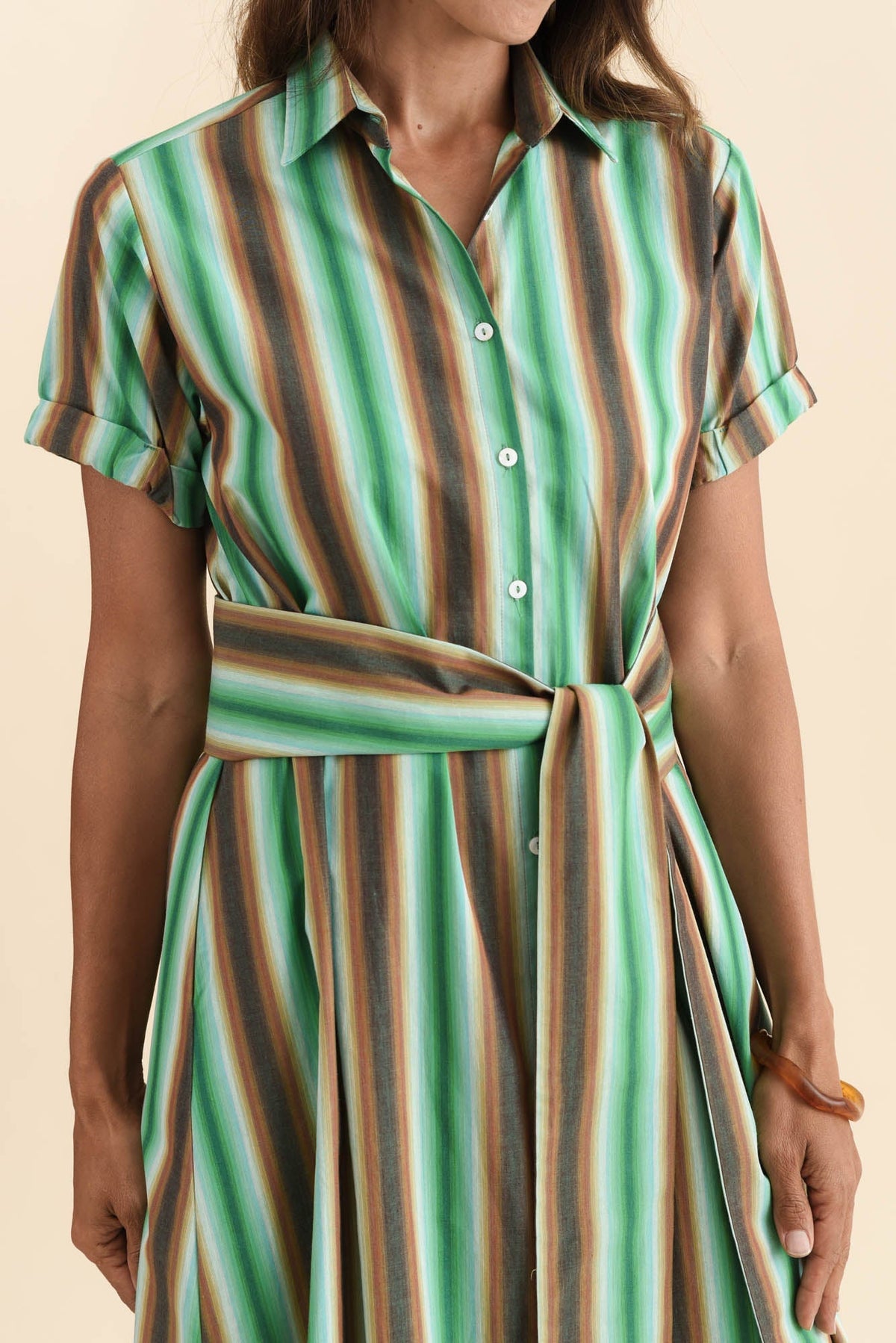 Deirdre Green Stripe Cotton Tie Dress Detail View