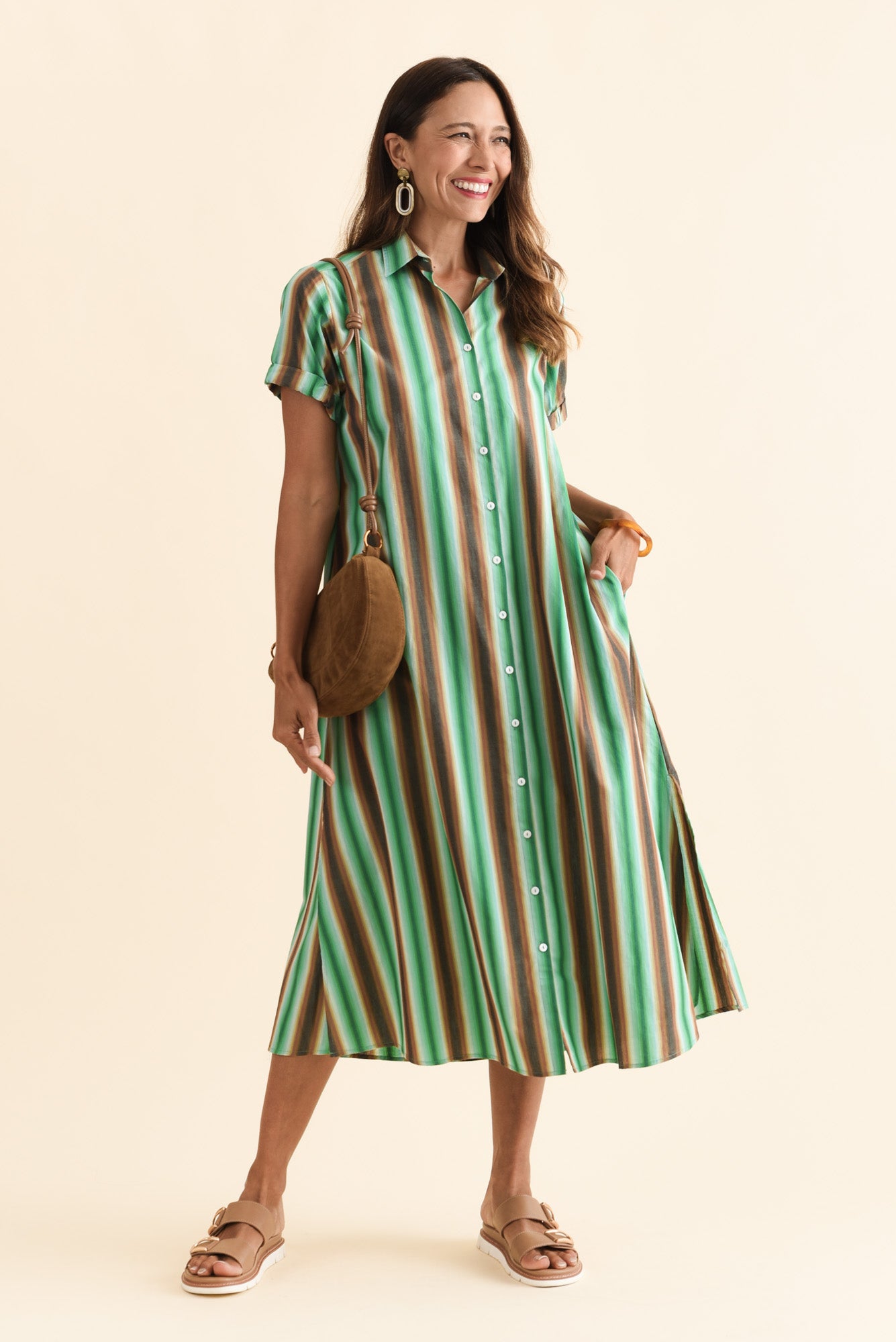 Deirdre Green Stripe Cotton Tie Dress Front View 2