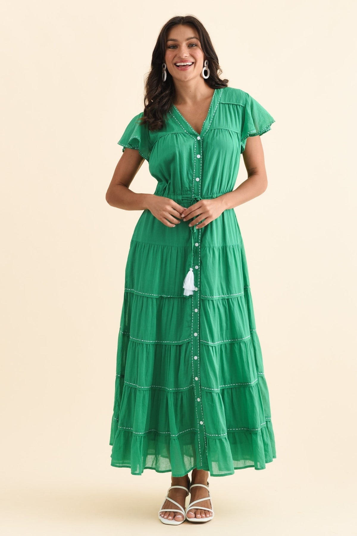 Delilah Green Cotton Tier Dress Full Length View