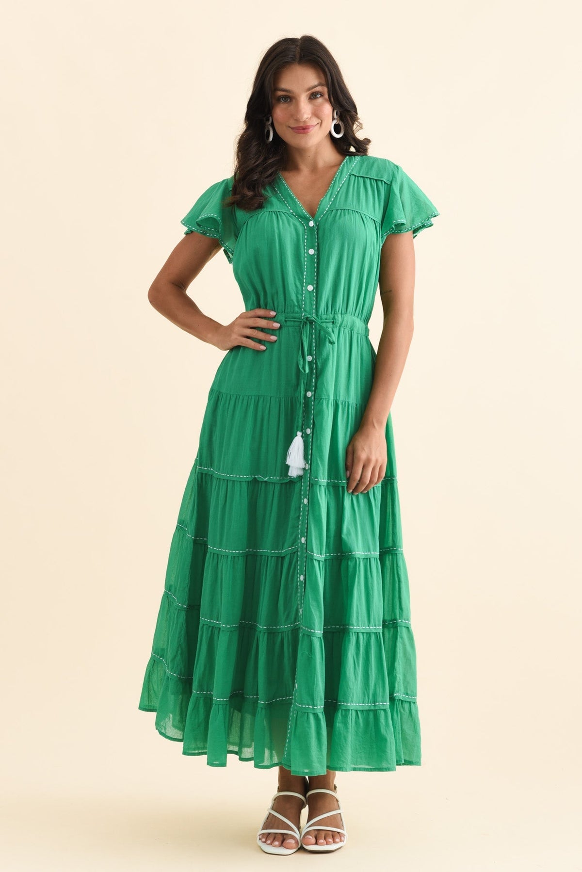 Delilah Green Cotton Tier Dress Front View