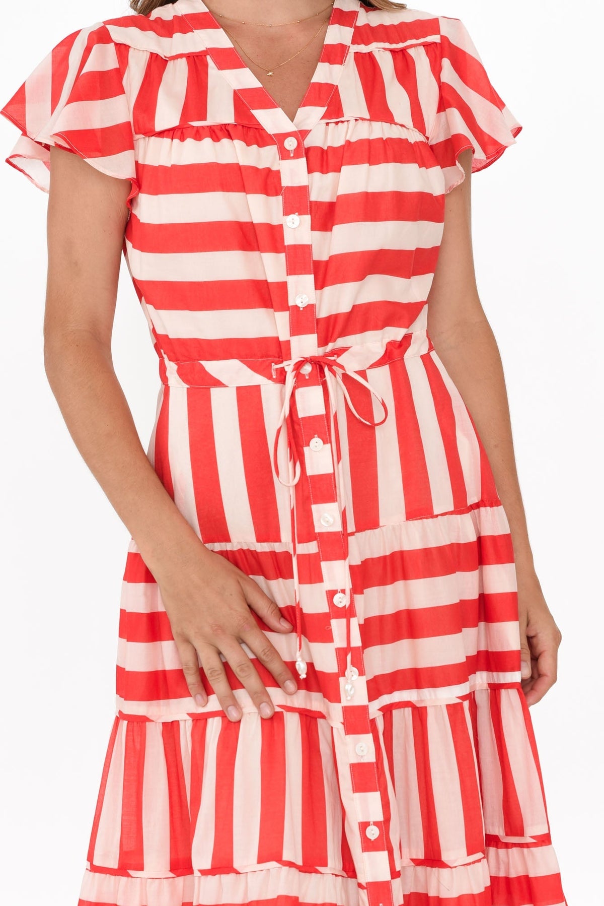 Delilah Red Stripe Cotton Tiered Dress Full Length View