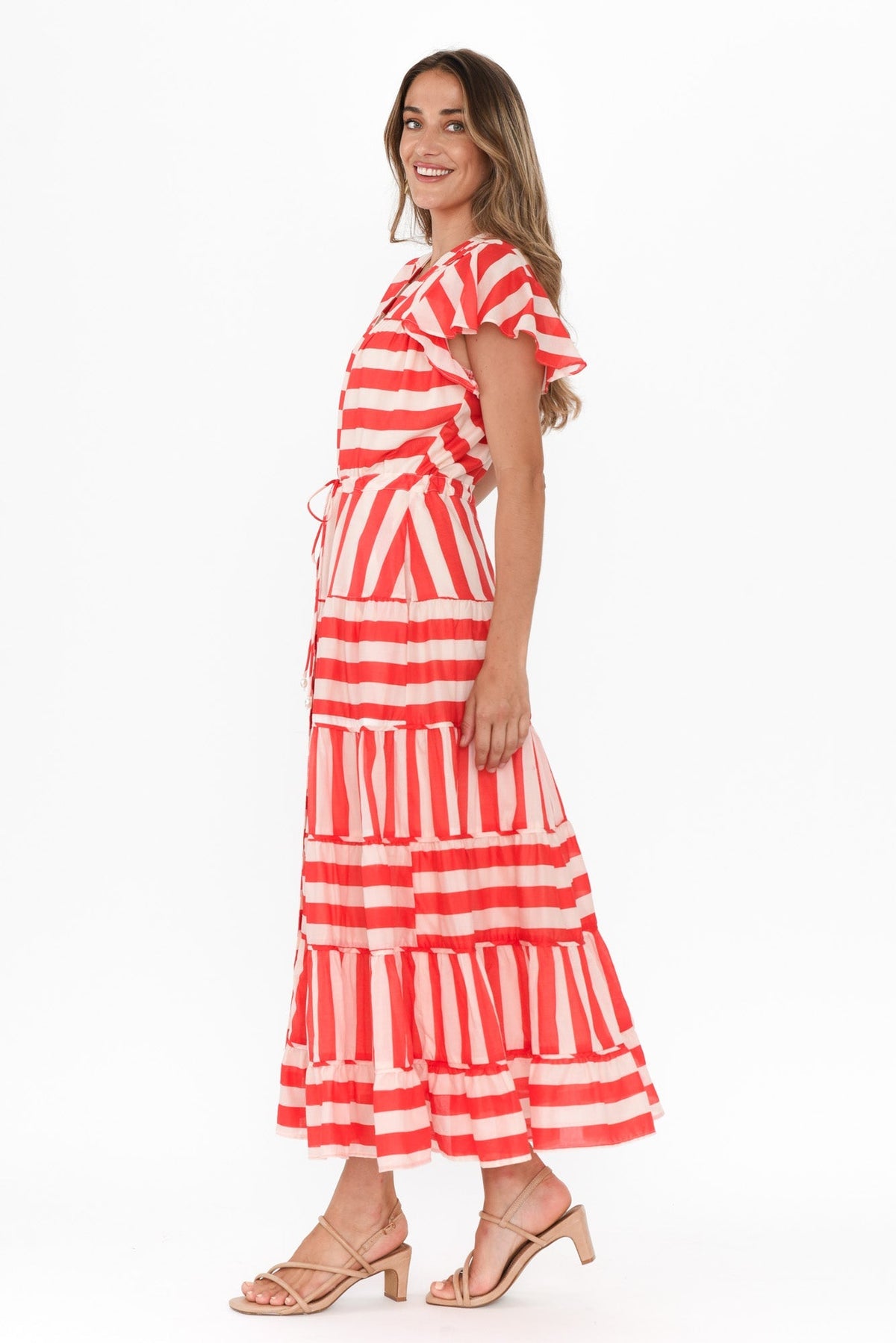 Delilah Red Stripe Cotton Tiered Dress Side View